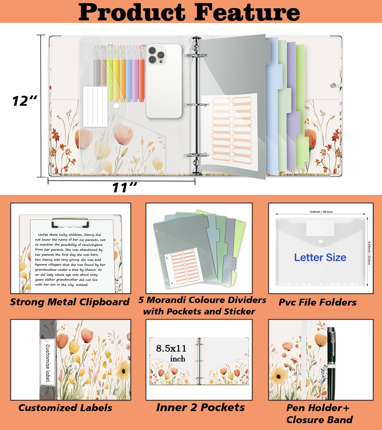 3 Ring Binder 2 Inch for 8.5"x11" Paper, Three Ring Binders with Clipboard, 5 Dividers with Tabs and Pockets, Decorative Binder with Pen Holder,Weed