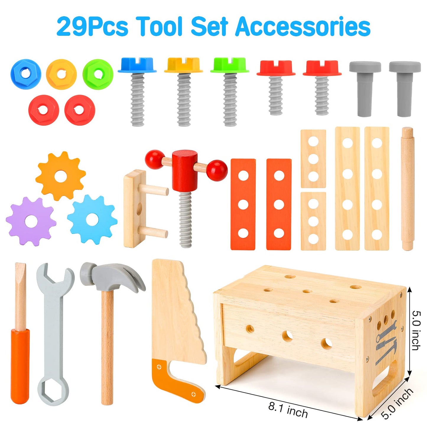 Wooden Tool Set for Kids 2 3 4 5 Year Old, 29Pcs Educational STEM Toys Toddler Montessori Toys for 2 Year Old Construction Preschool Learning Activities Gifts for Boys Girls Age 2-4 1-3