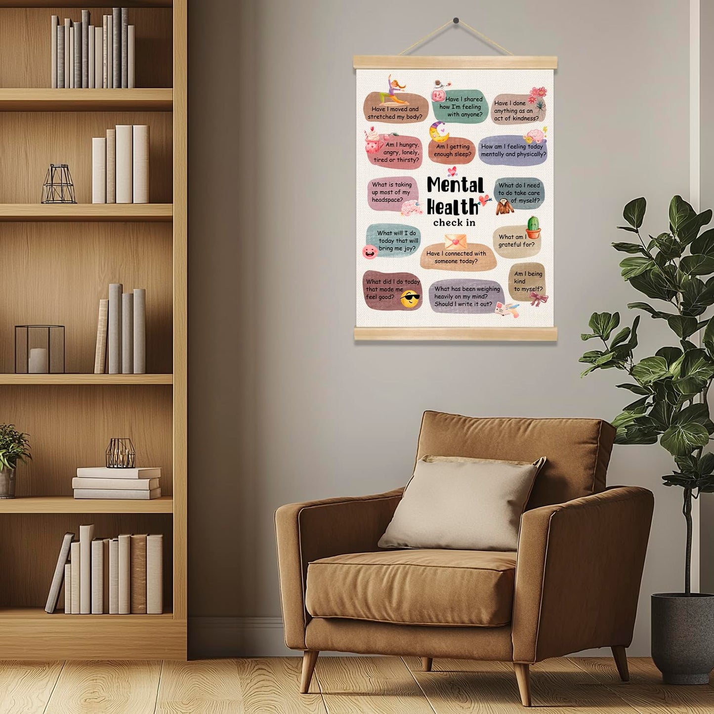 Mental Health Check In Wall Art, 18.5x14Inch Self Care and Emotional Awareness Poster for Classroom,Therapy Room, Mindfulness Reflection Canvas Hanging Chart, Motivational Mental Wellness Wall Art Decort