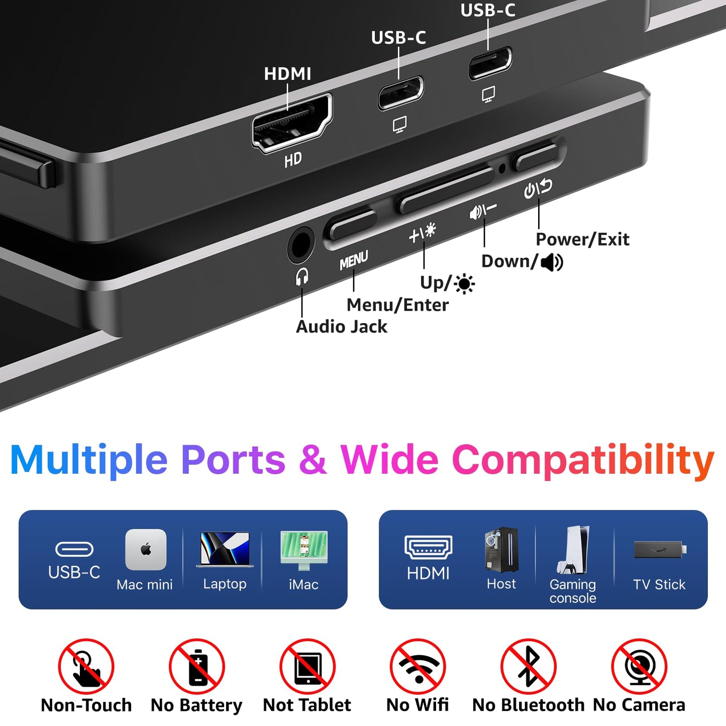 kksmart Portable Monitor for Laptop MacBook Surface PC Xbox PS5, Travel Monitor Second Screen for Laptop, HDMI USB-C VESA Compatible Built-in Speaker, 17.3