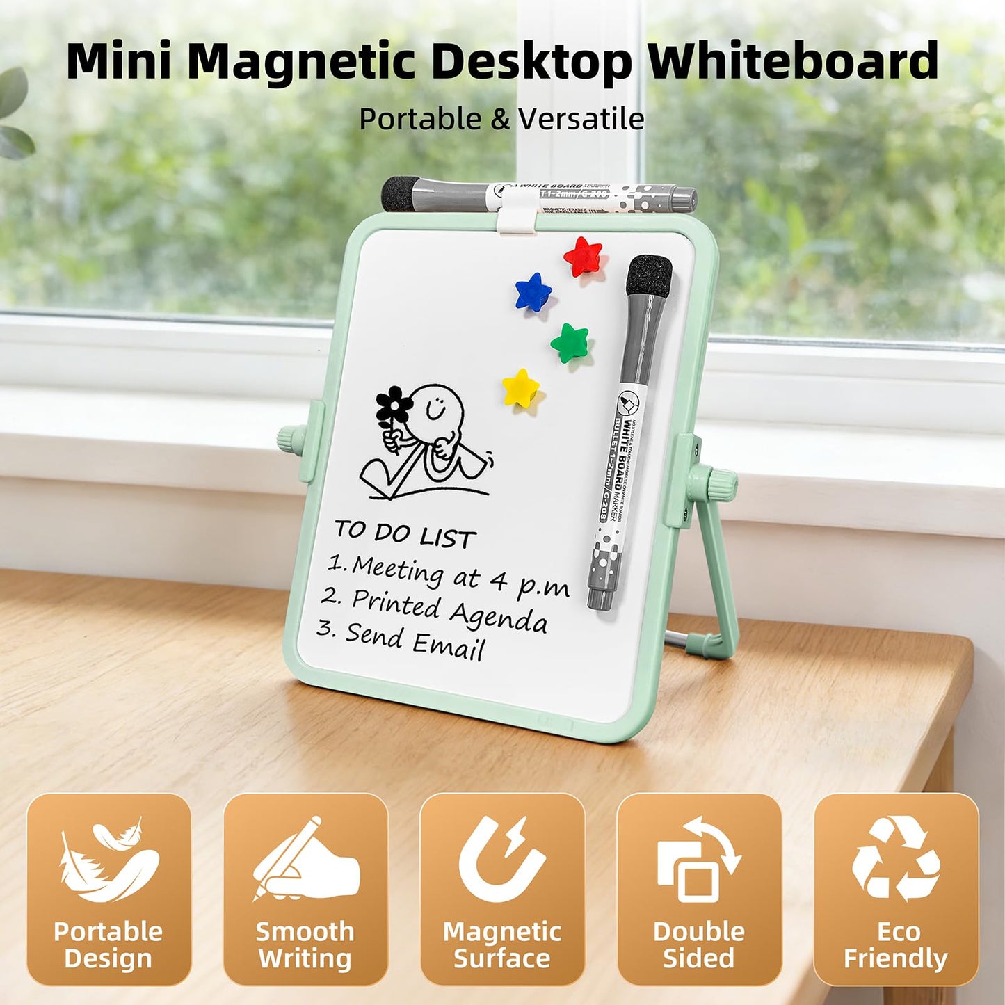 FUNISKETCH Magnetic Dry Erase Whiteboard, 6.7x8.4 Inch Double-Sided Desktop Easel with Stand, 2 Eraser Head Markers & 4 Magnets, Portable White Board for Planning, Memo, Office, Home, School（Green）