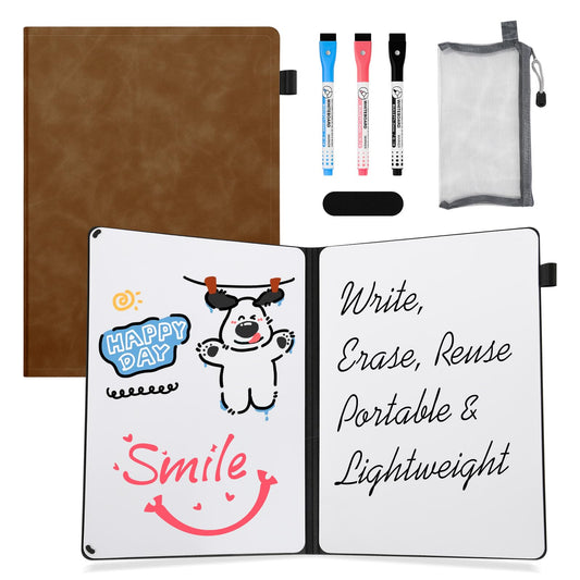 AGM Portable White Board Dry Erase Notebook, 12" x 9" Double Sided Folding Whiteboards with 3 Pens, Small Travel Dry Erase Board Skin-Friendly Material for Study, Meeting, Planning, Brown