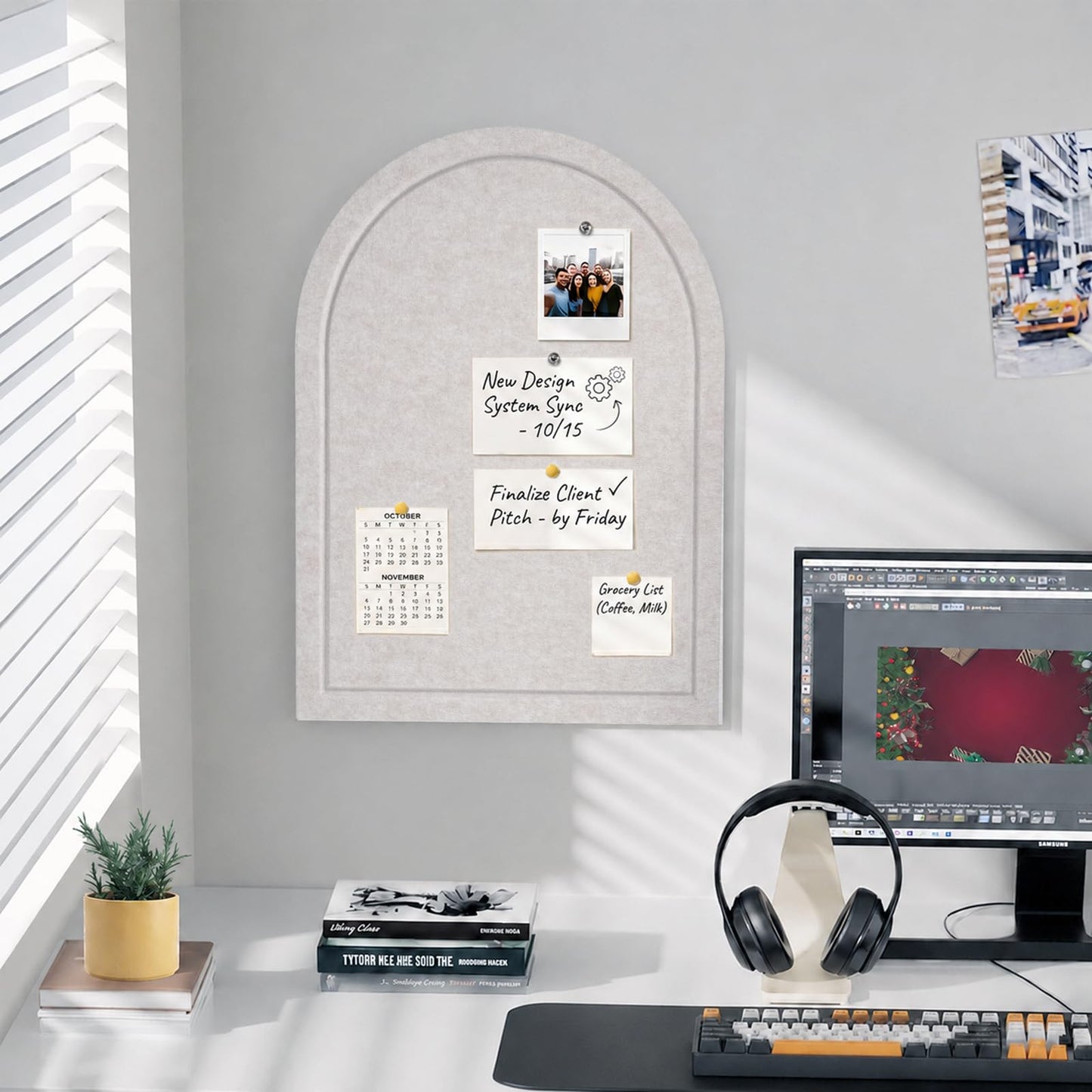 Arched Felt Bulletin Board, Sized 24" x 18" Cork Board Alternative Grooved Edge Foldable for Office & Wall, Customizable Adhesive Tile with Pin Hook for Photo Display School Home Office, Oatmeal