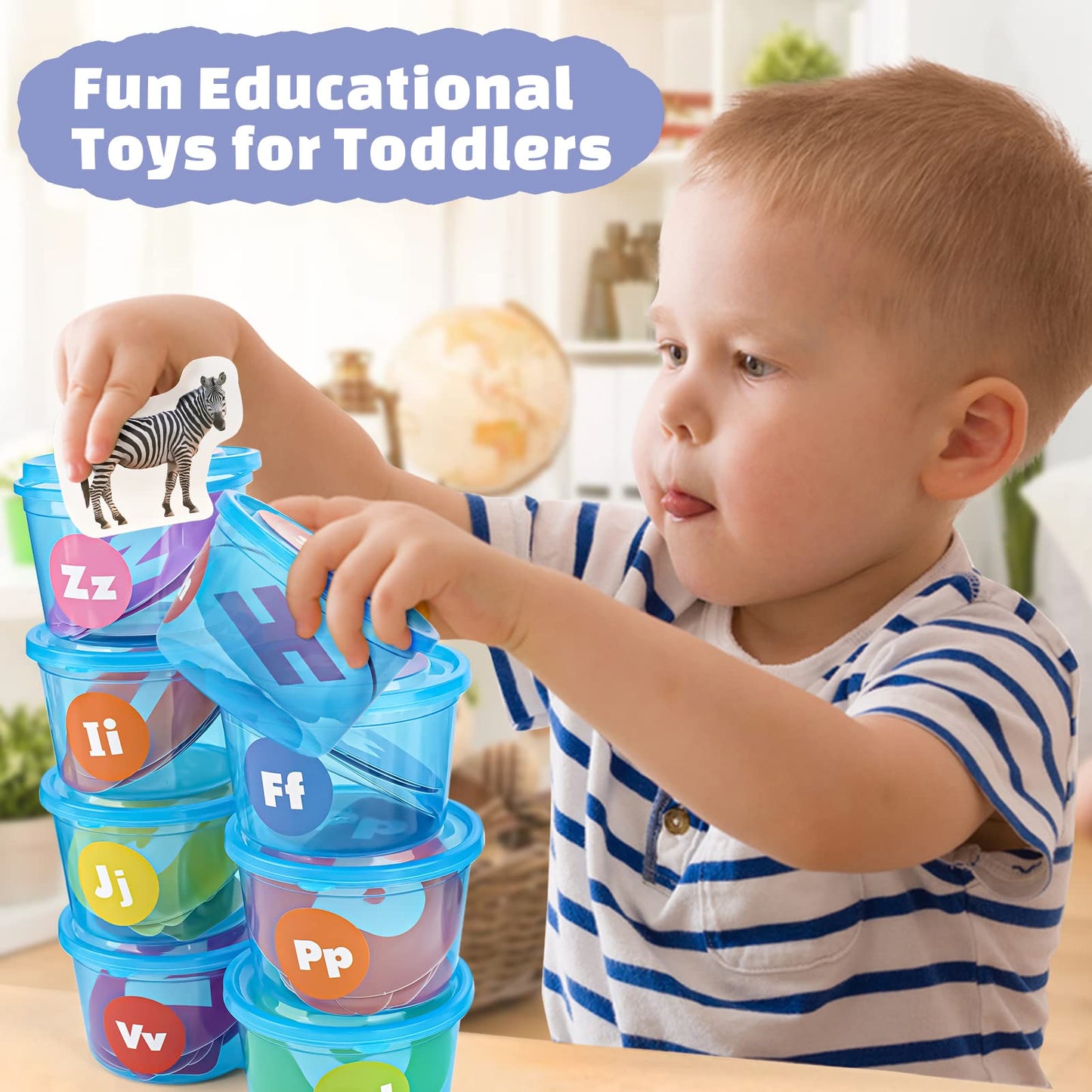 Joyreal Alphabet Learning Toys for Toddlers - 26 Alphabet Soup Sorters with 245 Flash Cards for Early Letter Awareness & Recognition - Fun Education Classroom Supplies Alphabet Sounds Teaching Games