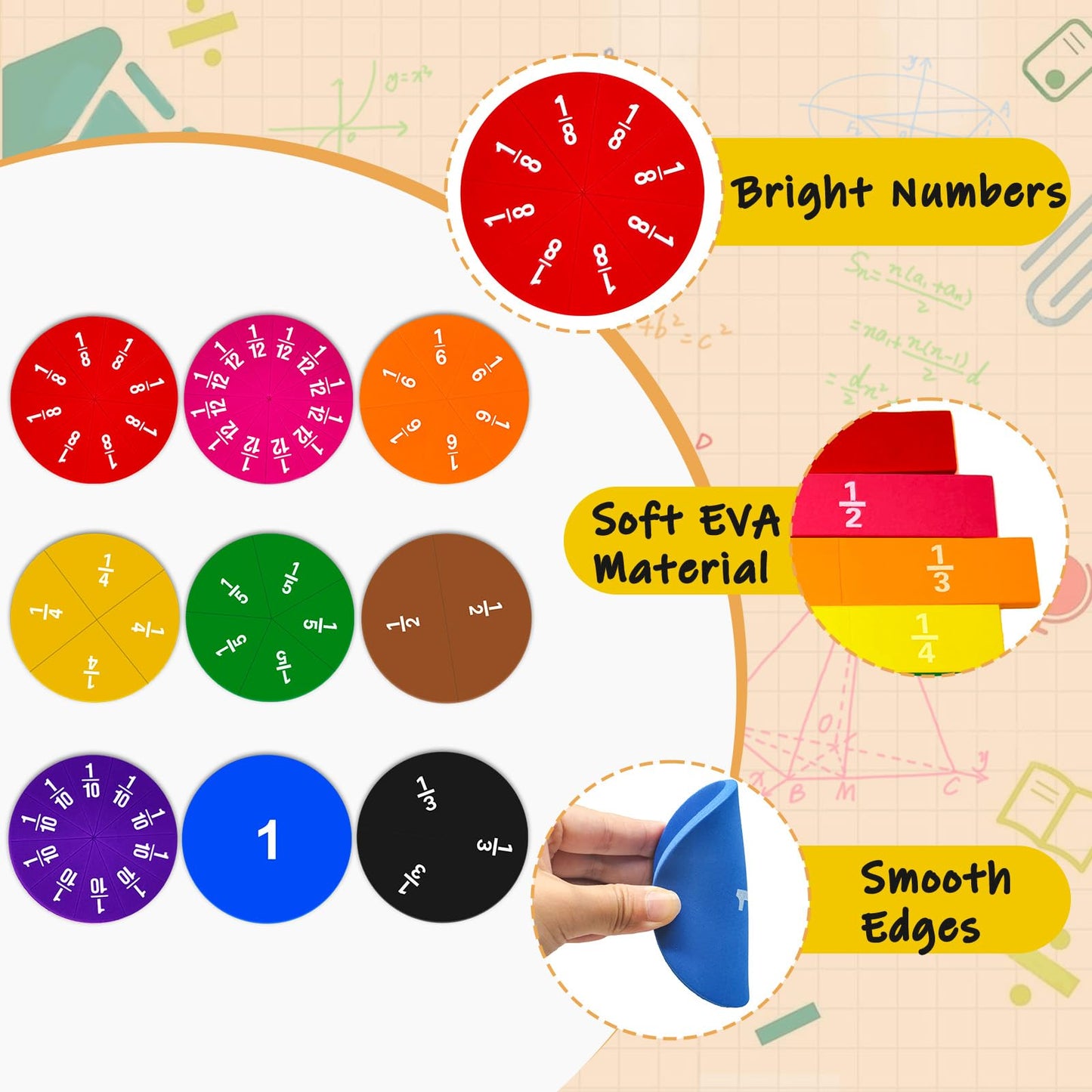 12 Sets Fraction Bars Include 6 Sets Fraction Tiles and 6 Sets Fraction Circles for Math Classroom Foam Fractions Manipulatives Math Manipulatives for Home School Supplies