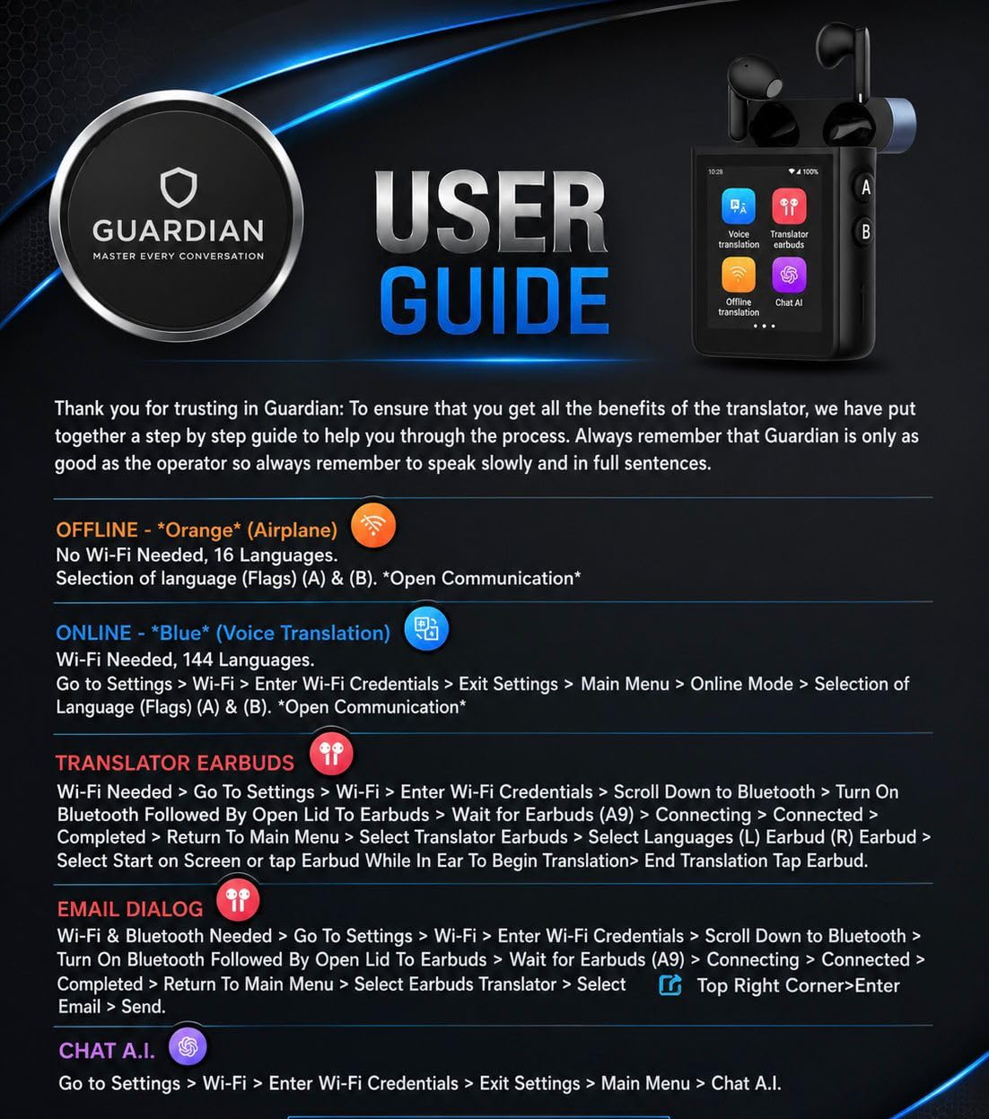 Guardian Translator V2 — AI Translator Device with Earbuds | Real-Time Two-Way Voice & Camera Translation | 144 Languages | Built-in ChatGPT | No Subscription | Travel, Business, Education