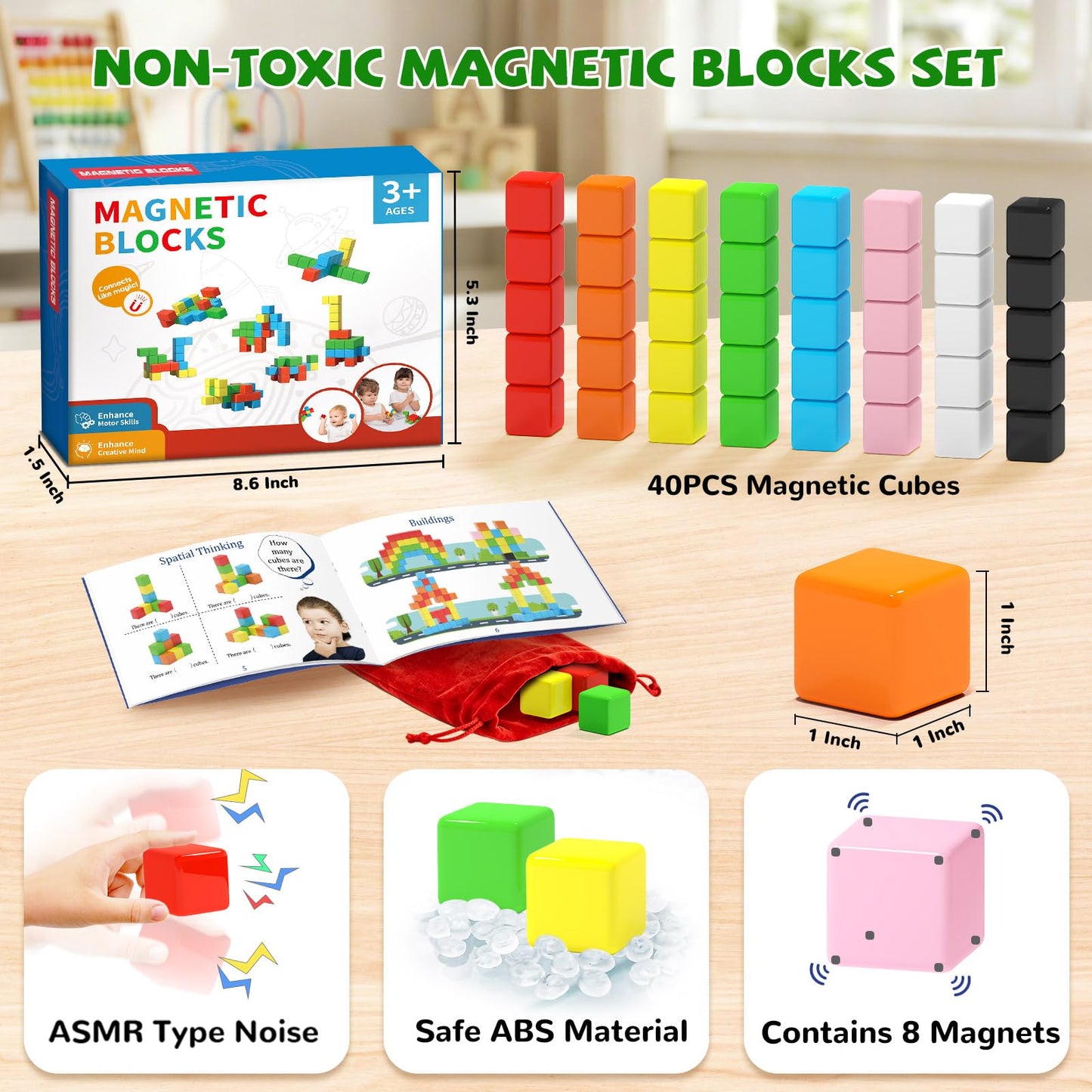 Hiwawind 40pcs Magnetic Blocks -Ideal Gifts for 3 4 5 6 Year Old,STEM Learning Toys for 3-5 Year Old Boys & Girls, Safe & Strong Building Blocks with ASMR Sounds,Classroom Must Haves