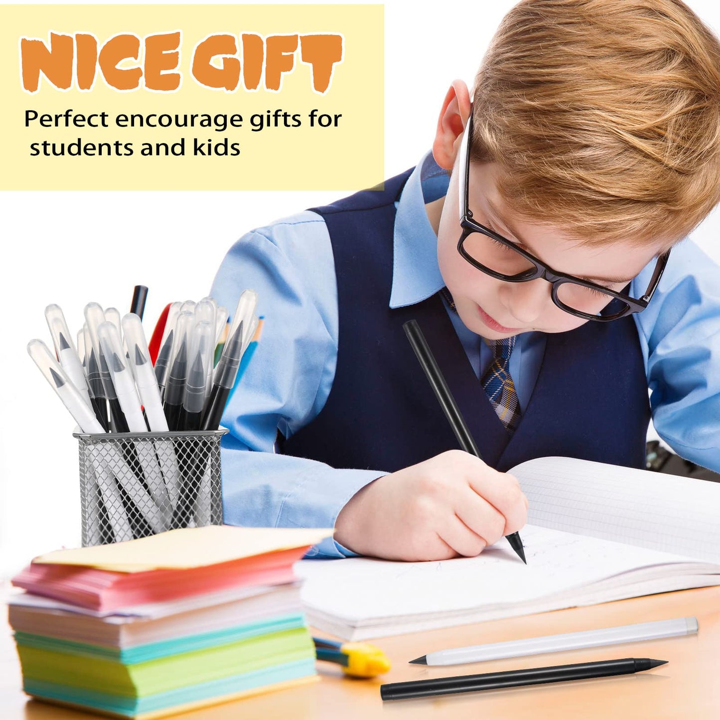 Marsui 40 Pcs Everlasting Pencil for Student Forever Inkless Pencil Eternal with Eraser Aesthetic Reusable First Day of School Writing Drawing Home Office Back to School Student Supplies(Black, White)
