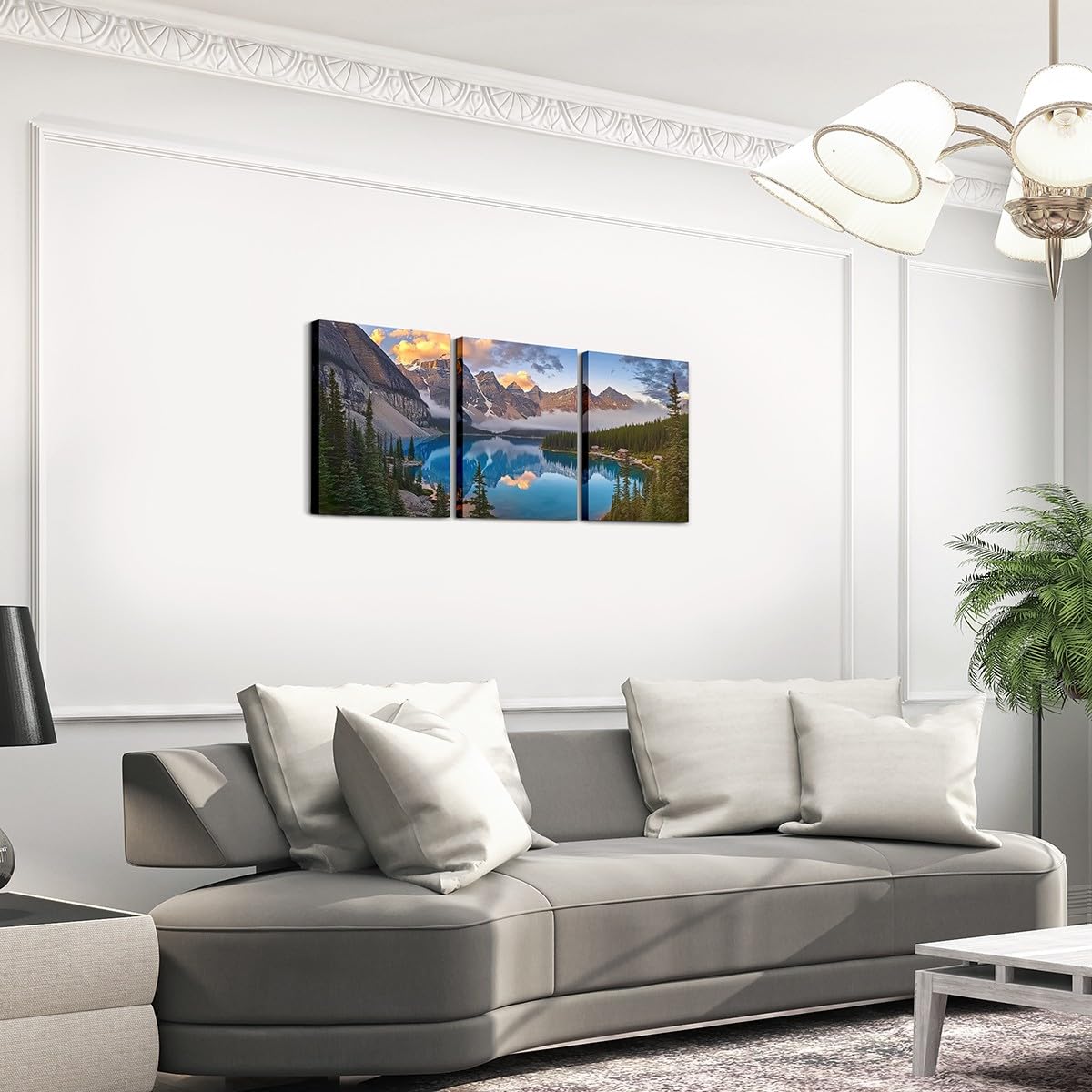 jejeloiu Lake Mountain Canvas Wall Art for Living Room Bedroom 12"x16"x3pcs Tree Sunrise Picture Wall Decor for Bathroom Nature Landscape Office Decorations Artwork Posters Foggy Scenic Painting