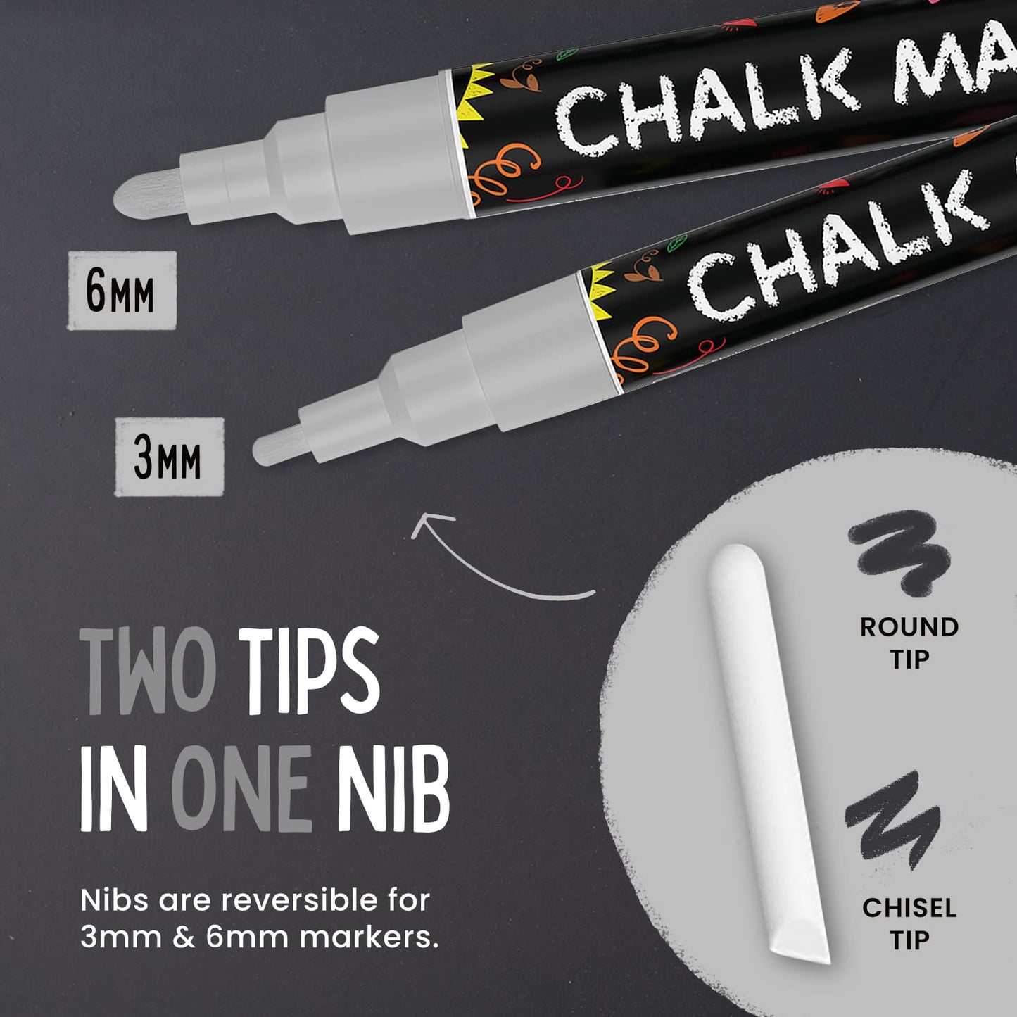 5 Silver Chalkboard Chalk Markers - Silver Dry Erase Markers for Blackboard, Chalkboard Signs, Windows, Glass | Variety Pack - Fine & Jumbo Size Ink Pen (1mm, 3mm, 6mm, 10mm, 15mm)