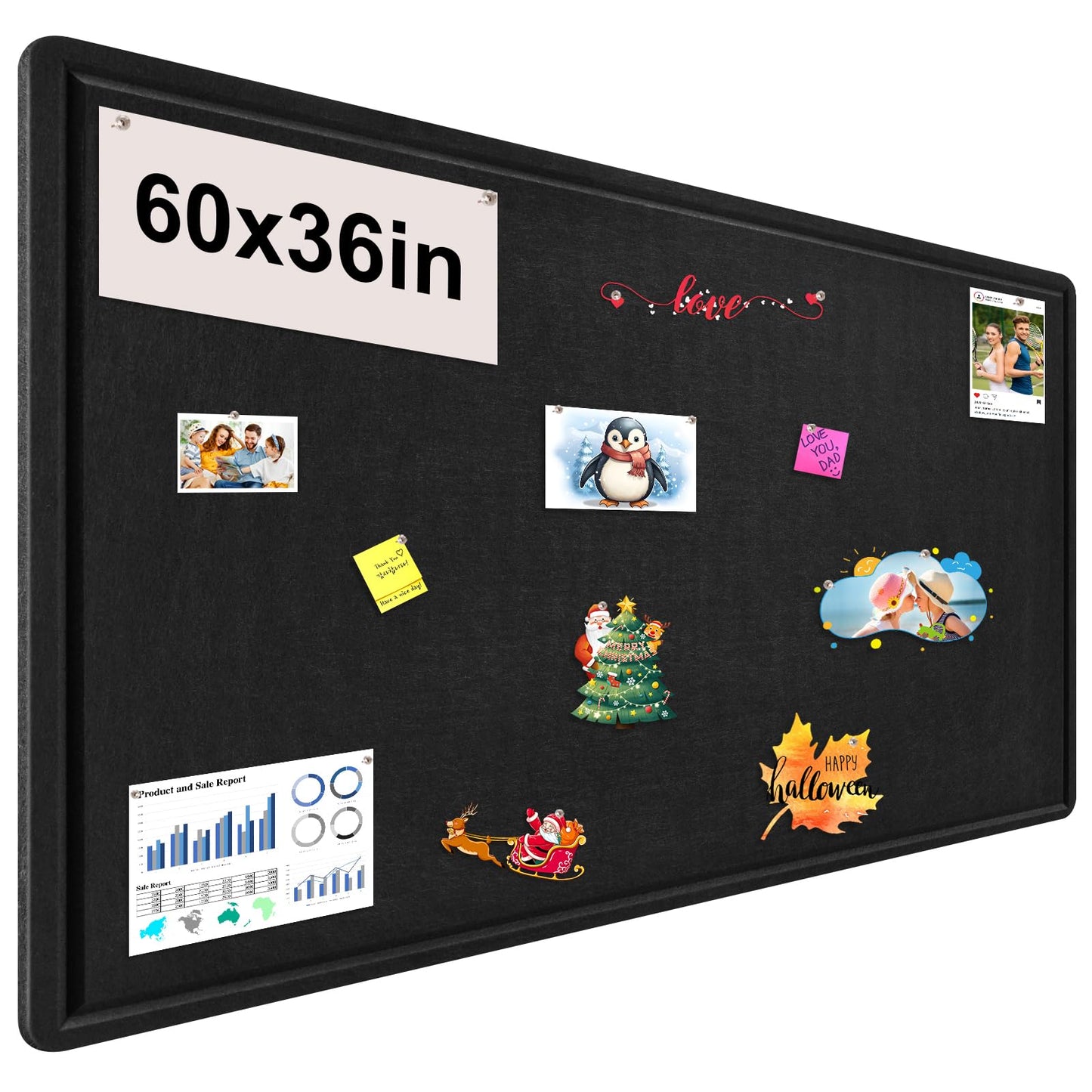 Large Bulletin Board, Foldable 60x36 Inches Cork Board Alternative, Large Felt Board Decorative Pin Board for Wall, Foldable Photo Board Self-Adhesive Vision Board with 36 Pushpins Black