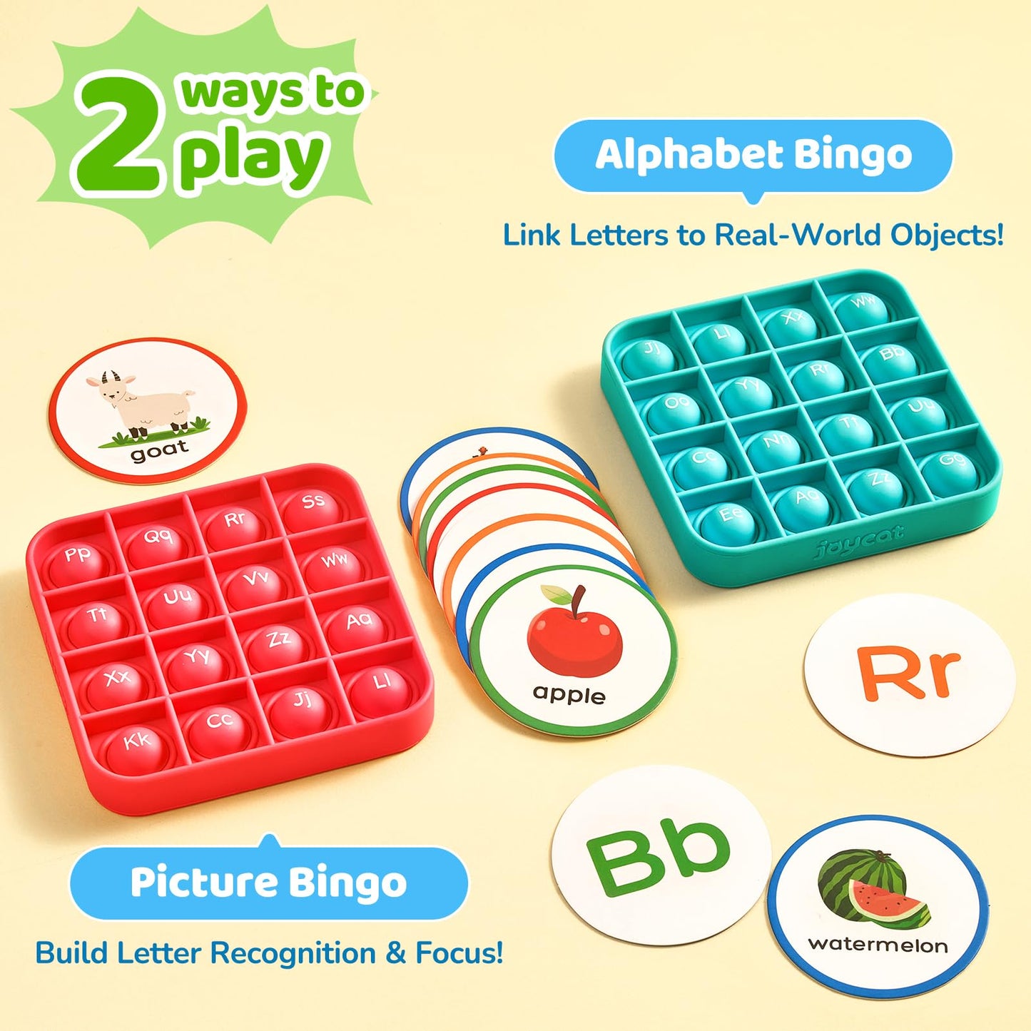 JoyCat Alphabet Bingo Game for Kids Ages 3-5, Sensory ABC Learning Toy with 6 Reusable Silicone Bingo Boards, 26 Double-Sided Letter & Picture Cards, Preschool Kindergarten Classroom Game