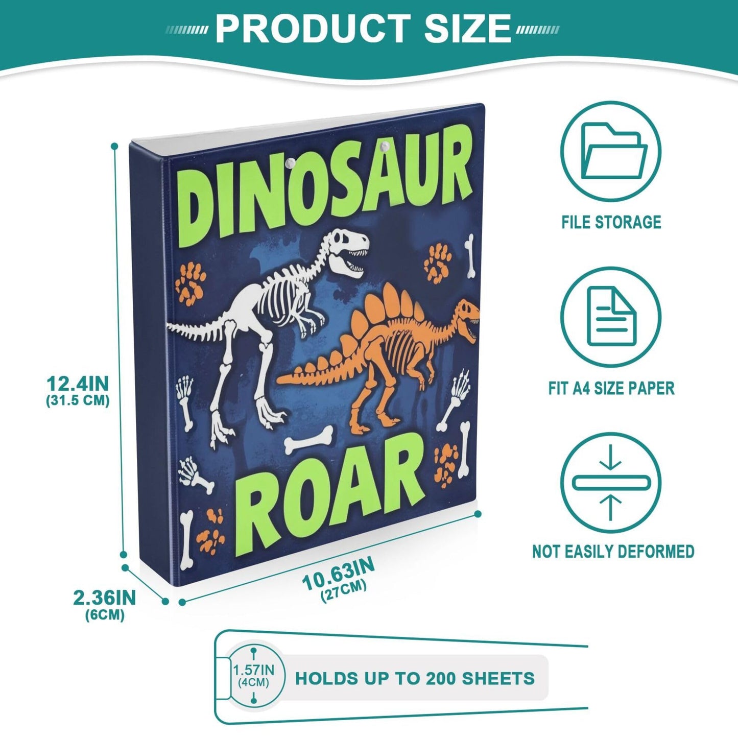 Dinosaur Roar Round Ring Binders 1.5 Inch Dragon Dino Skull 3 Ring Clipboard Binder for Office School Work Supplies File Folder Document 200 Sheet Capacity Easy Open