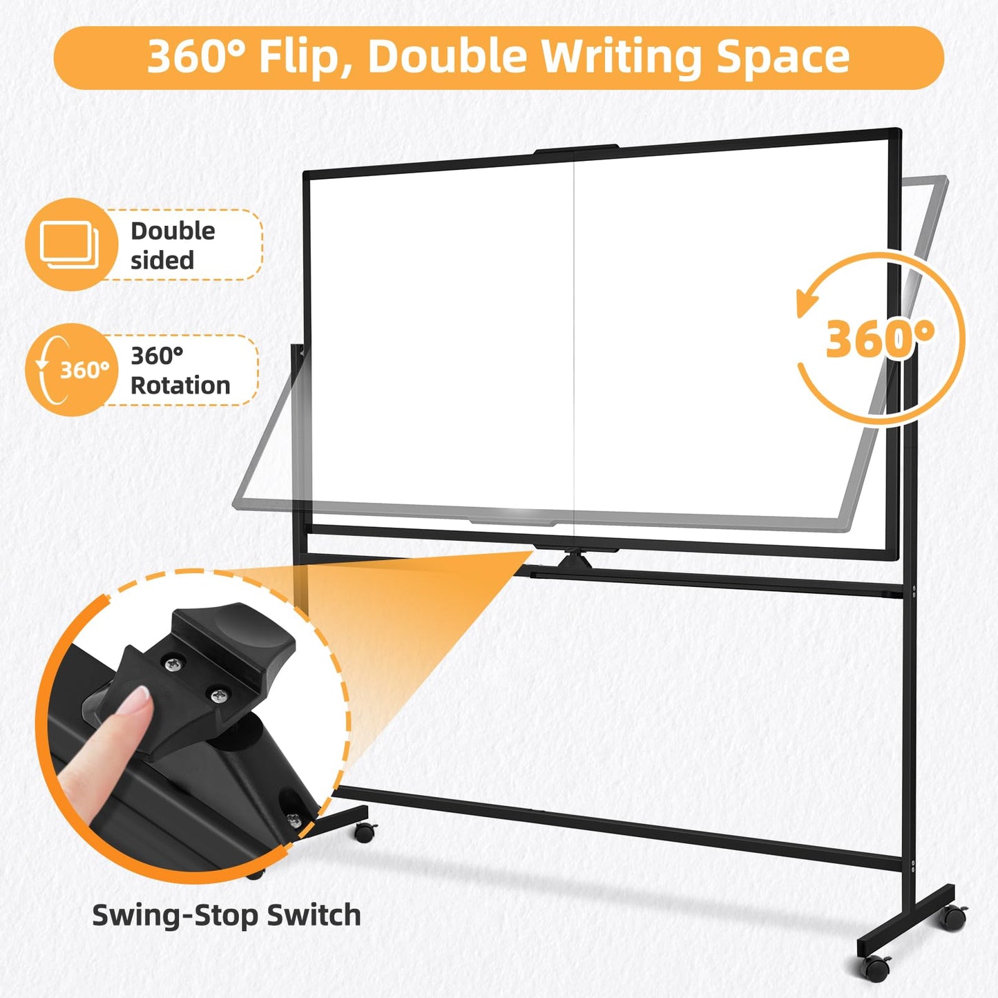 WALGLASS Rolling Whiteboard on Wheels, 72"x40" Double-Sided Dry Erase White Board with Stand, Large Magnetic Whiteboard, Giant Portable Standing Board for Office, School, Home, Classroom 6 x 3.33 ft