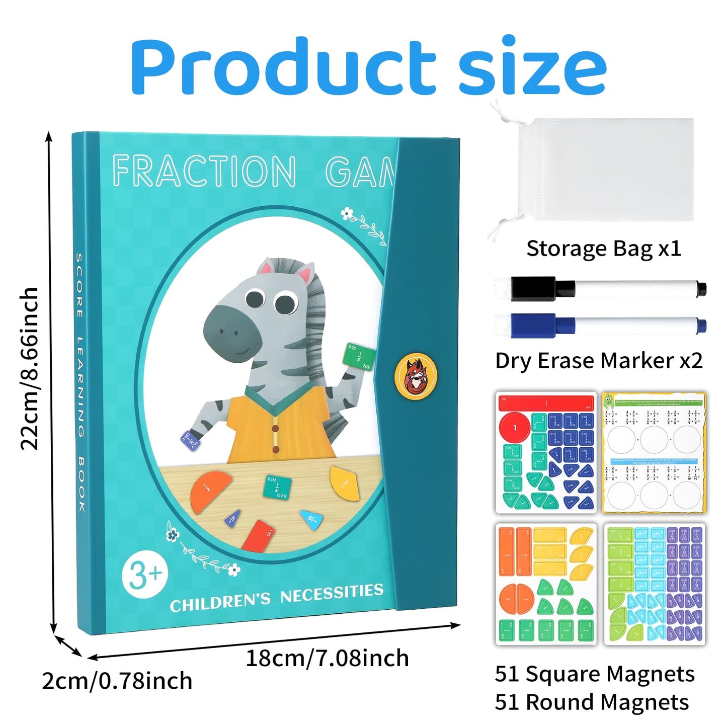 KAK Magnetic Fraction Demonstration Book for Kids, 51 Pcs Montessori Math Manipulatives with Fraction Tiles & Circles, STEM Learning Toys for Elementary School, Homeschool Supplies (Grades K-5)