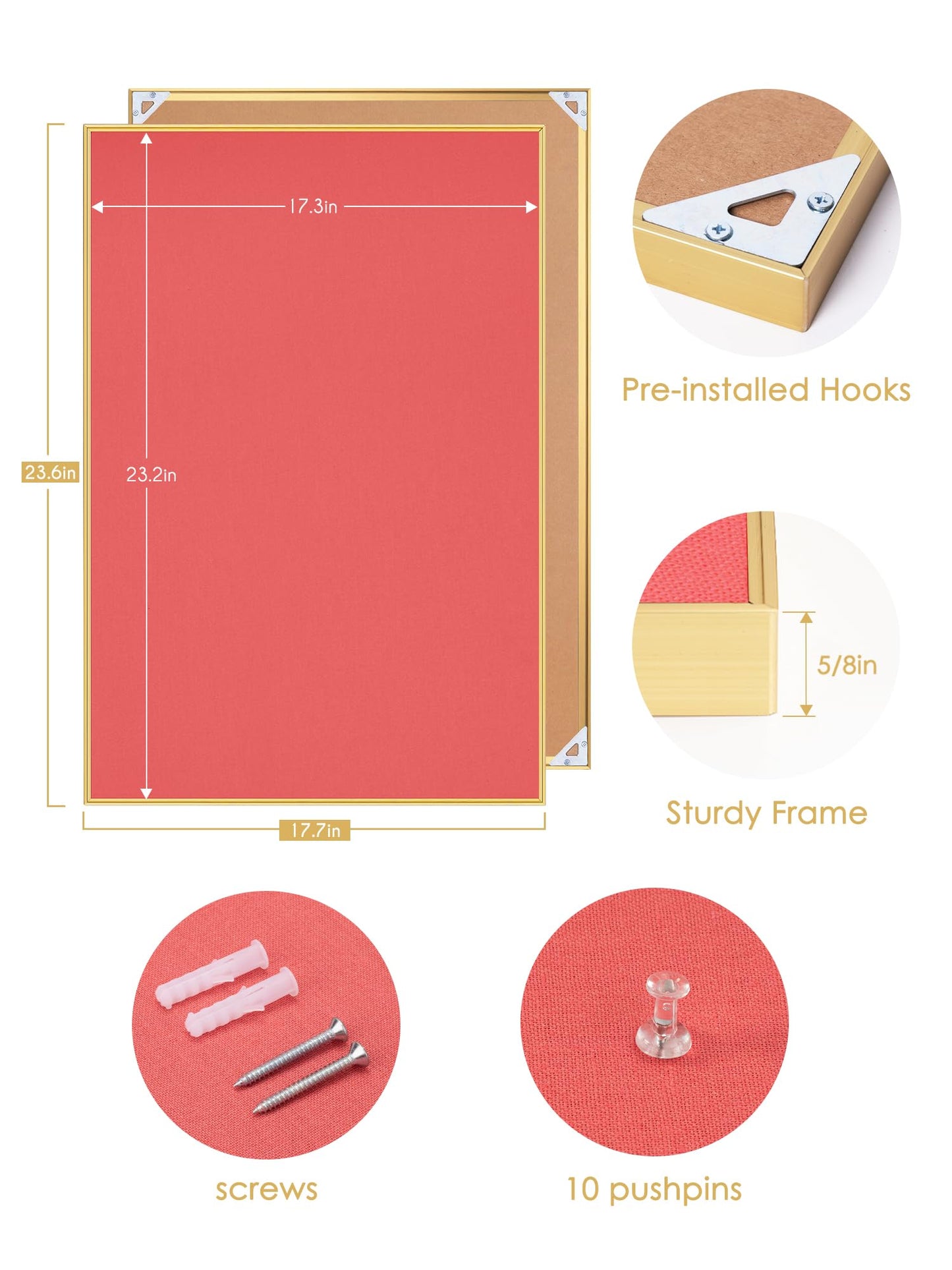 Lightomorrow Bulletin Board 23.6 x 17.7 inches, Coral Red Pin Board, Golden Aluminum Framed Fabric Cork Board with 10 Push Pins