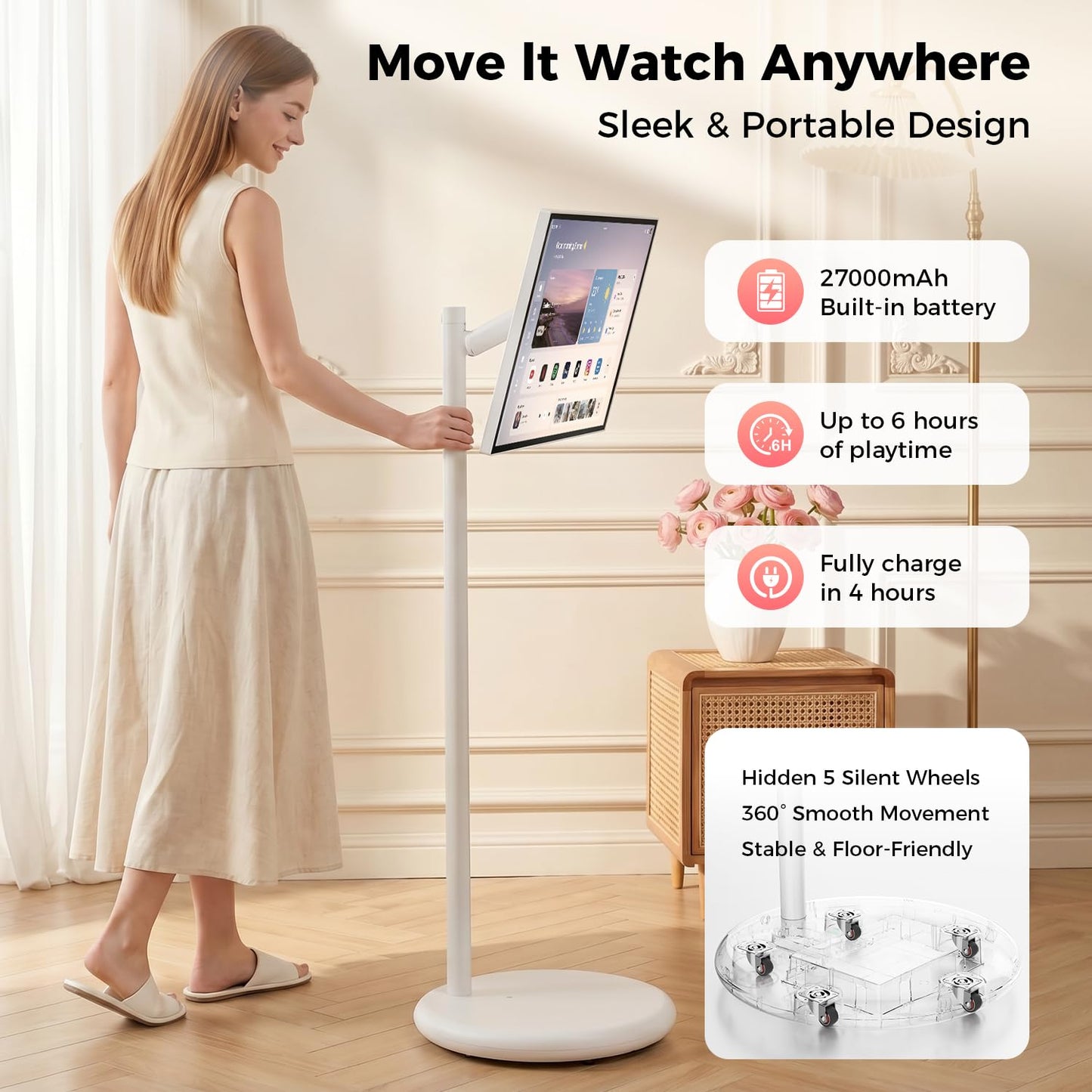 27" Portable Smart Touchscreen Tablet TV on Wheels, Android 15 OS Mobile Smart Display with Google EDLA Certification, 6GB+128GB, Built-in Battery, 4K Camera, Wireless Casting, Rotating Rolling Stand