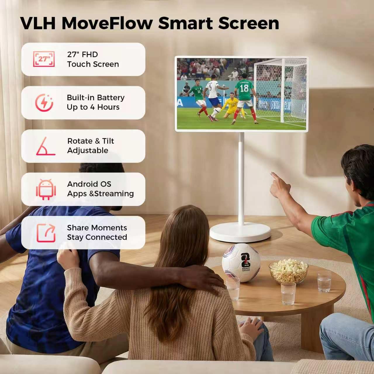 32 Inch Smart Portable TV, FHD Touch Screen Rolling Monitor on Wheels, Android 15 8GB +128GB, Wireless Tablet Display with Camera, 20W Speaker, EDLA-Certified 38,400 mAh Battery Voice Airmouse Remote