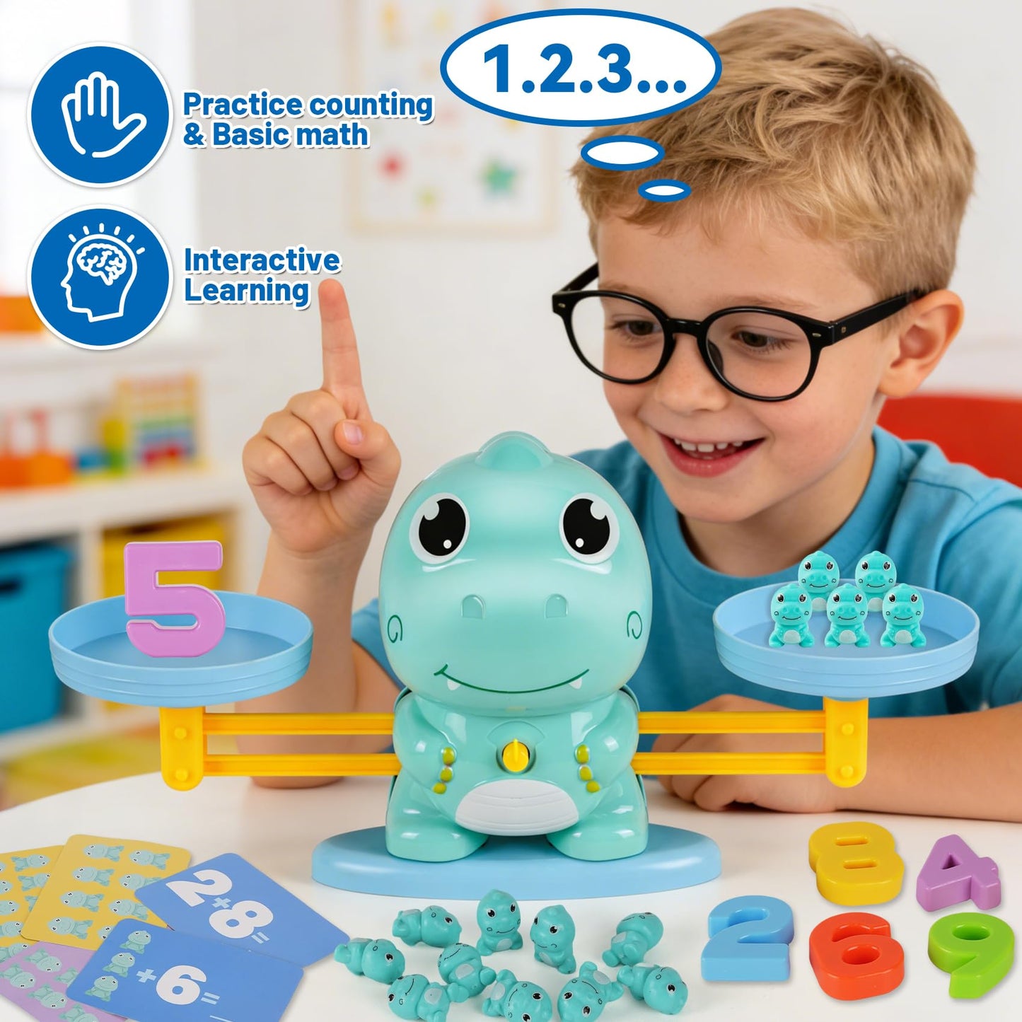 ISMETACU Dinosaur Math Balance Toy for Kids Ages 3-7, Montessori Number Blocks Learning & Educational Dinosaur Toys for Kids 3-5 and Math Games for Kids 5-7,Ideal Gift for Kids (Basic Blue)
