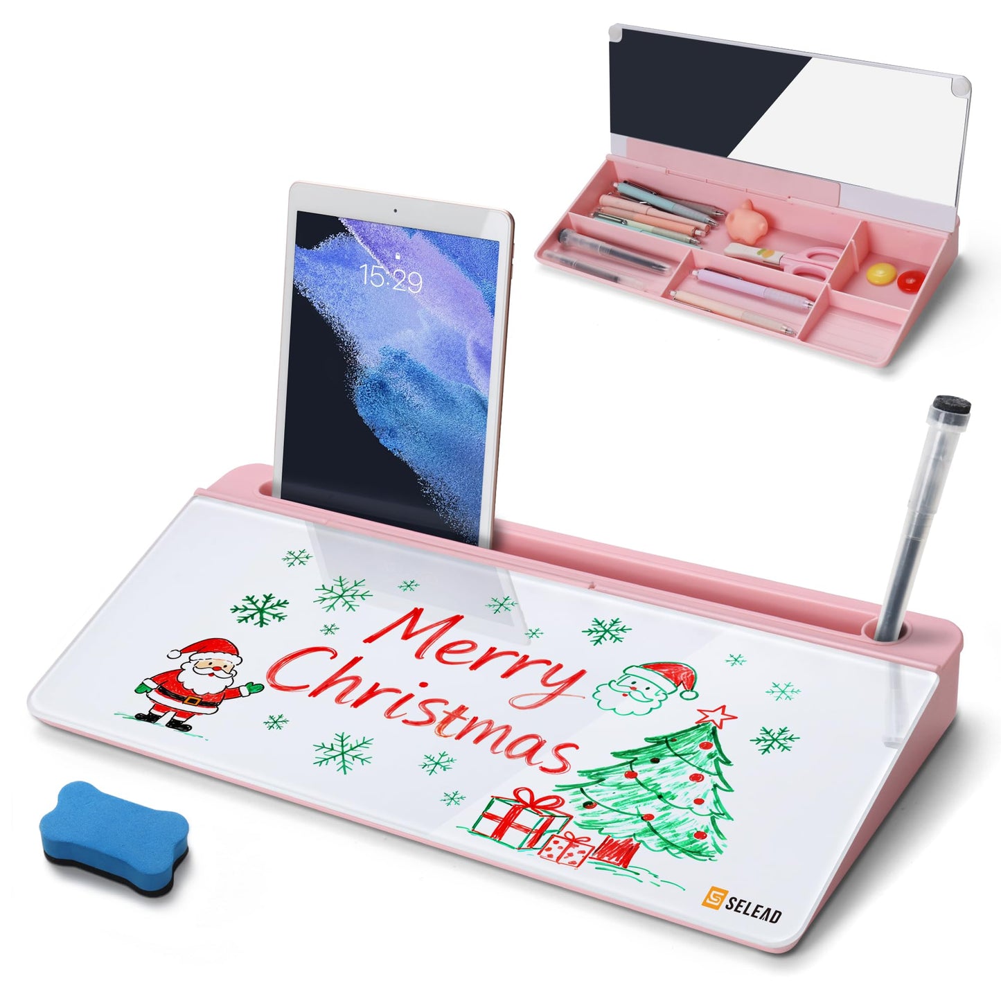 SELEAD Desktop Glass Whiteboard with Organizer & Built-in Mirror - Small Dry Erase White Board Computer Pad Keyboard Stand with Markers, Eraser, Holder for Women - Pink