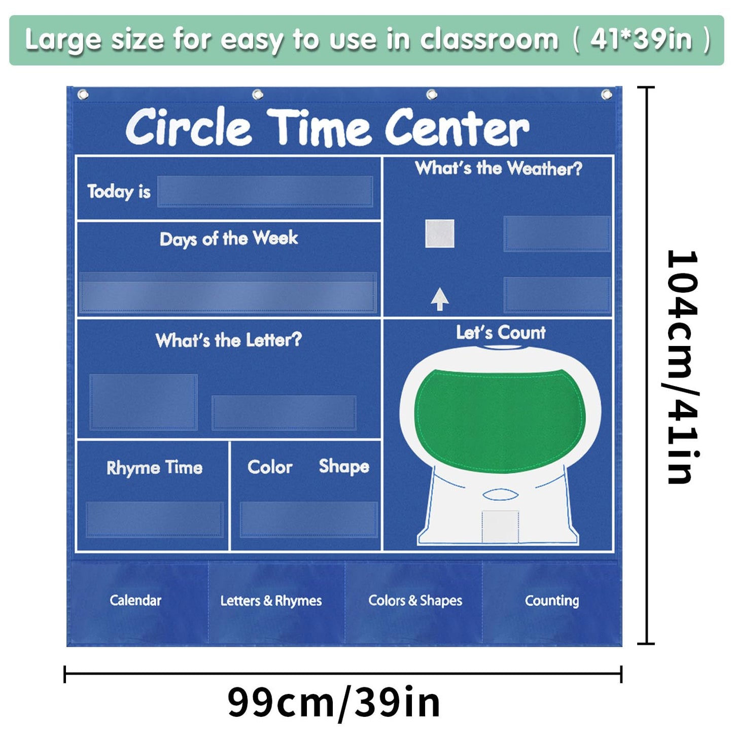 Boczif Circle Time Learning Center Pocket Chart for Classroom, Educational Teaching Materials Learning Calendar Weather Number Counting Letter Color Shape Wording Rhyme Pictures (Blue)