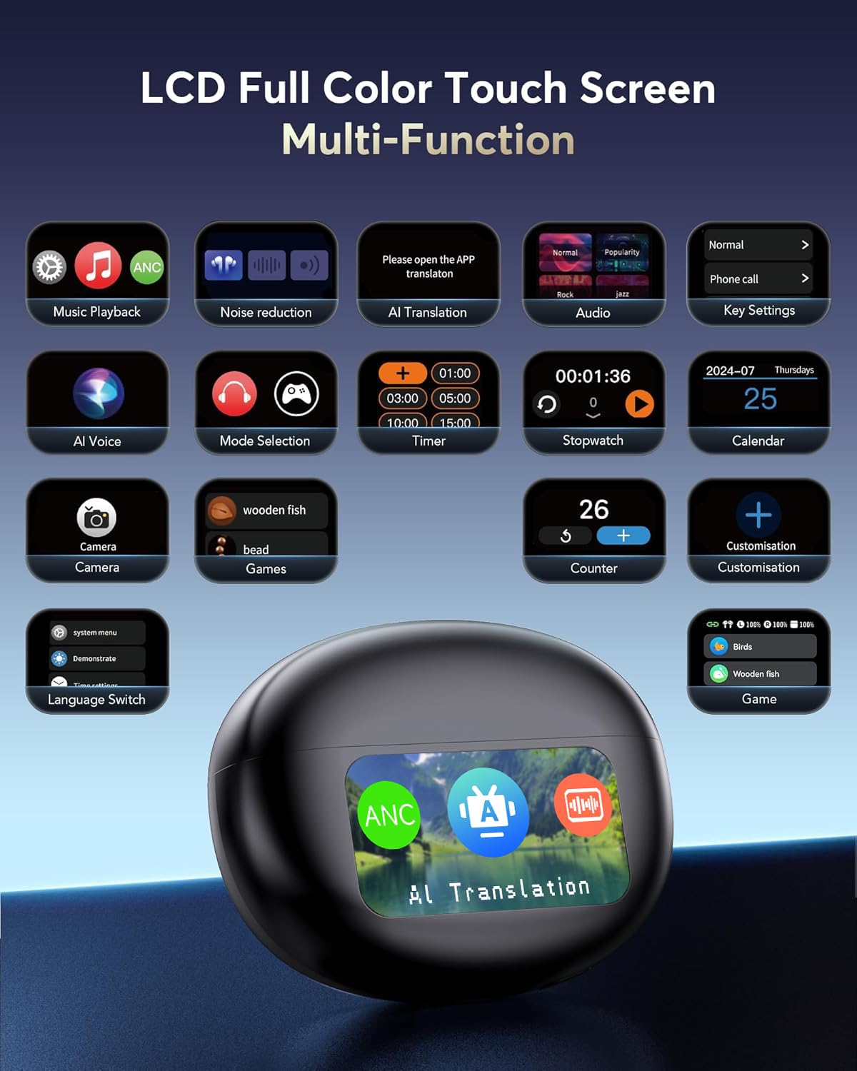 AI Translation Earbuds Real Time,199 Language Translator Earbuds,Bluetooth 6.1 Audifonos Traductores Inglés Español,4 ANC Mic Translating Device,Translate Ear Buds for Travel Learning with LCD Touch