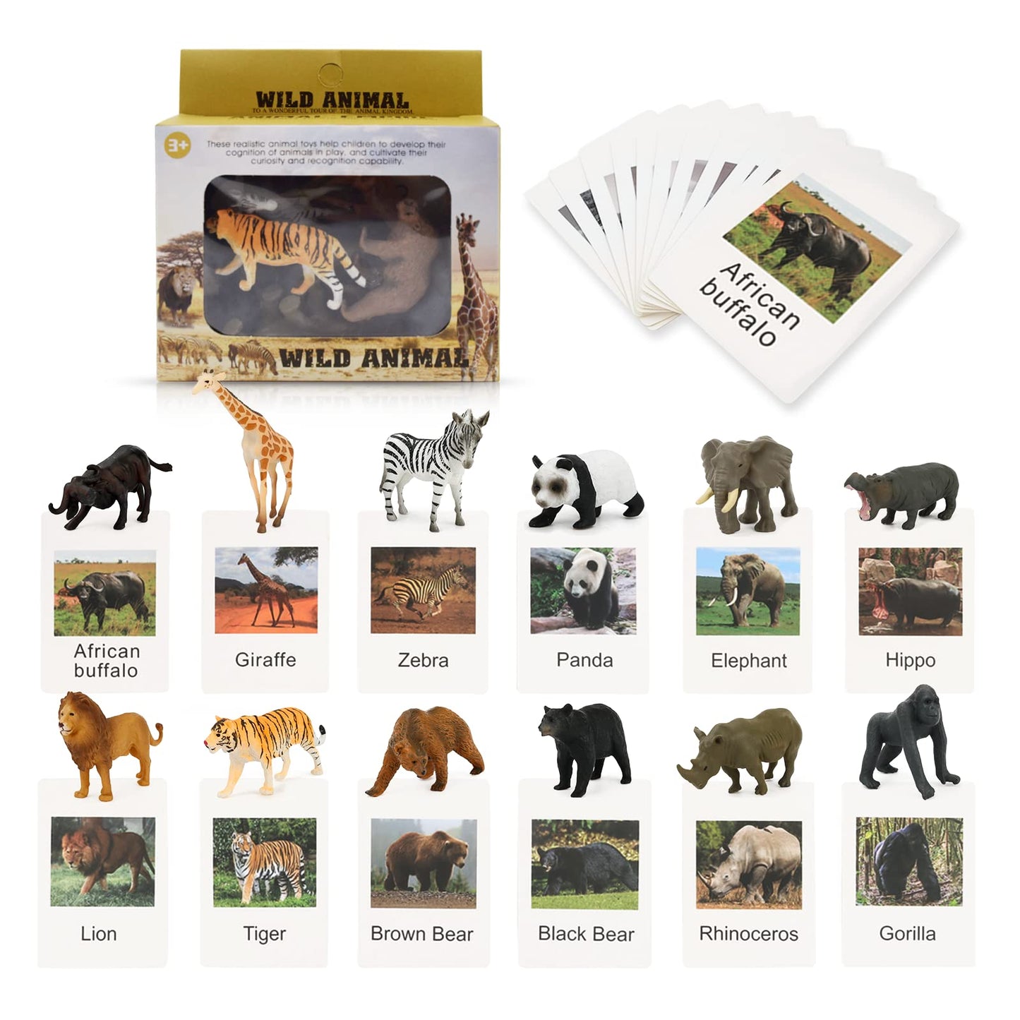 Montessori Safari Animal Matching Game, 12PCS Realistic Zoo Animal Figurines with Flash Cards, Preschool Science Educational Learning Toys for Toddlers Kids, Homeschool Montessori Toys