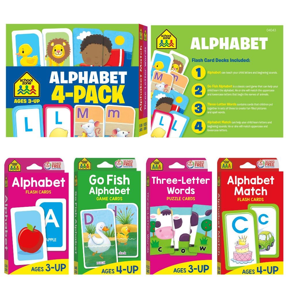 School Zone Alphabet 4-Pack Flash Cards: 224 Cards, Preschool, Kindergarten, Go Fish Alphabet, Three-Letter Words, Alphabet Match, Lowercase & Uppercase Letters, Letter-Picture Recognition, Ages 3+