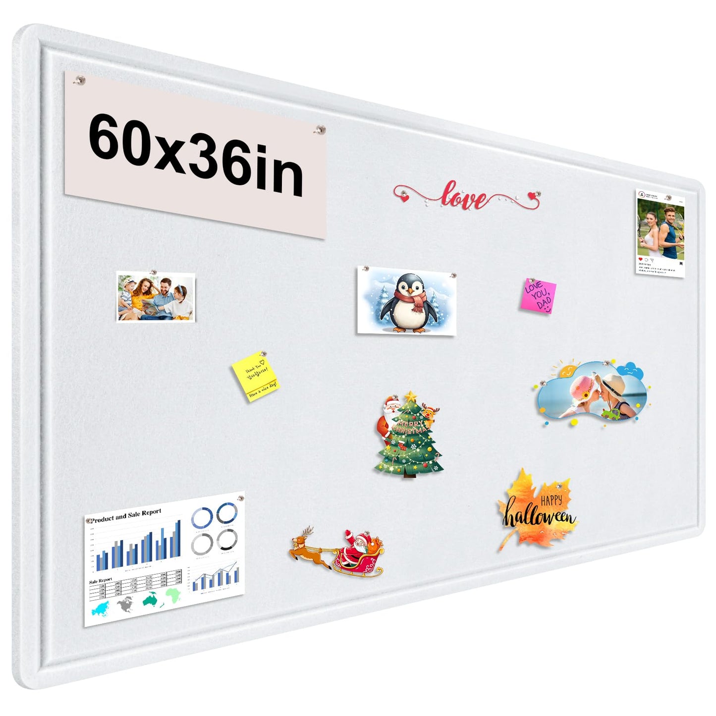 Large Bulletin Board, Foldable 60x36 Inches Cork Board Alternative, Large Felt Board Decorative Pin Board for Wall, Foldable Photo Board Self-Adhesive Vision Board with 36 Pushpins White