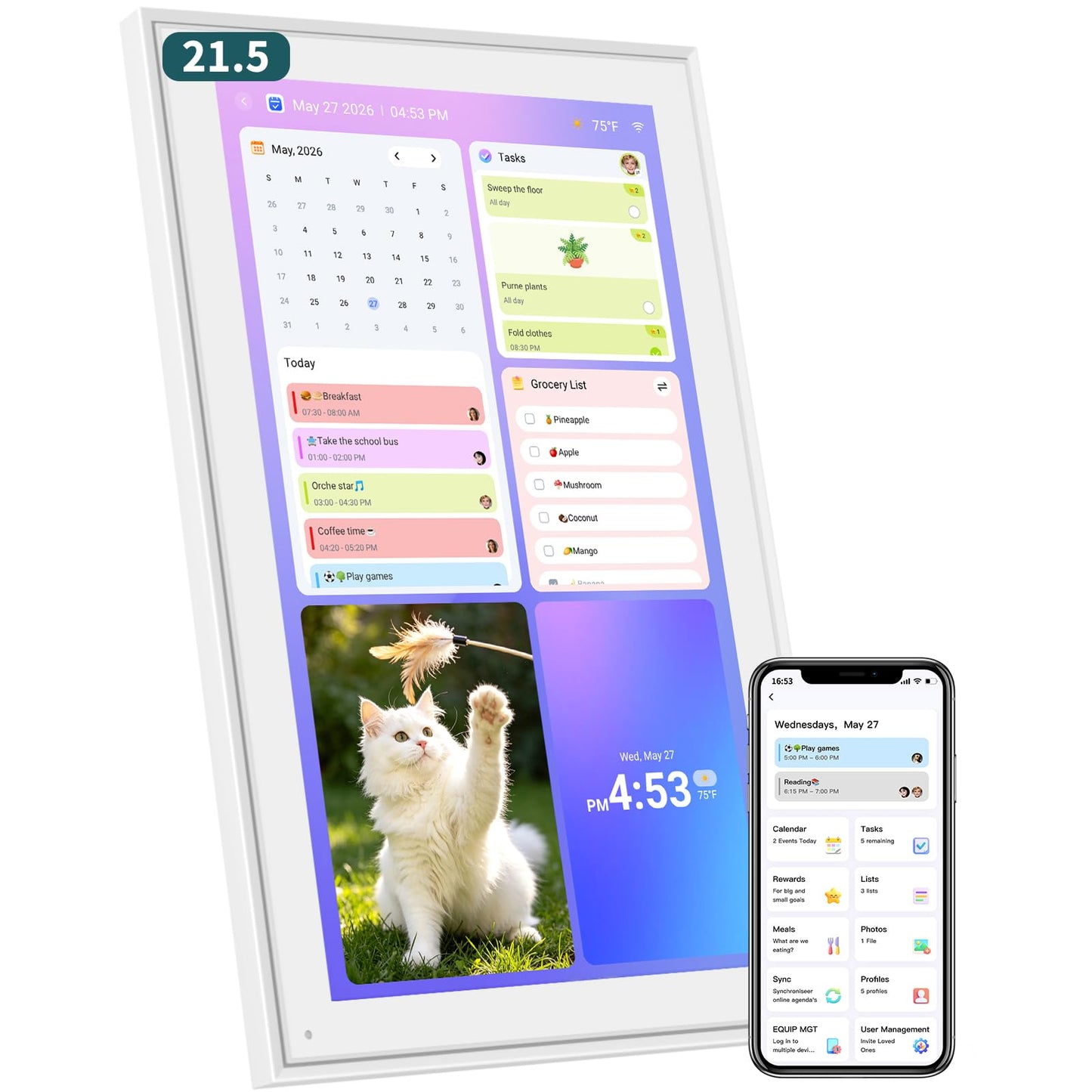21.5 Inch Digital Wall Calendar – Rewards for Chores! Smart Electronic Family Organizer with Touchscreen, Meal Planner & Photo Frame, Syncs with Google/iCloud, for Wall or Desk, White (New Version)