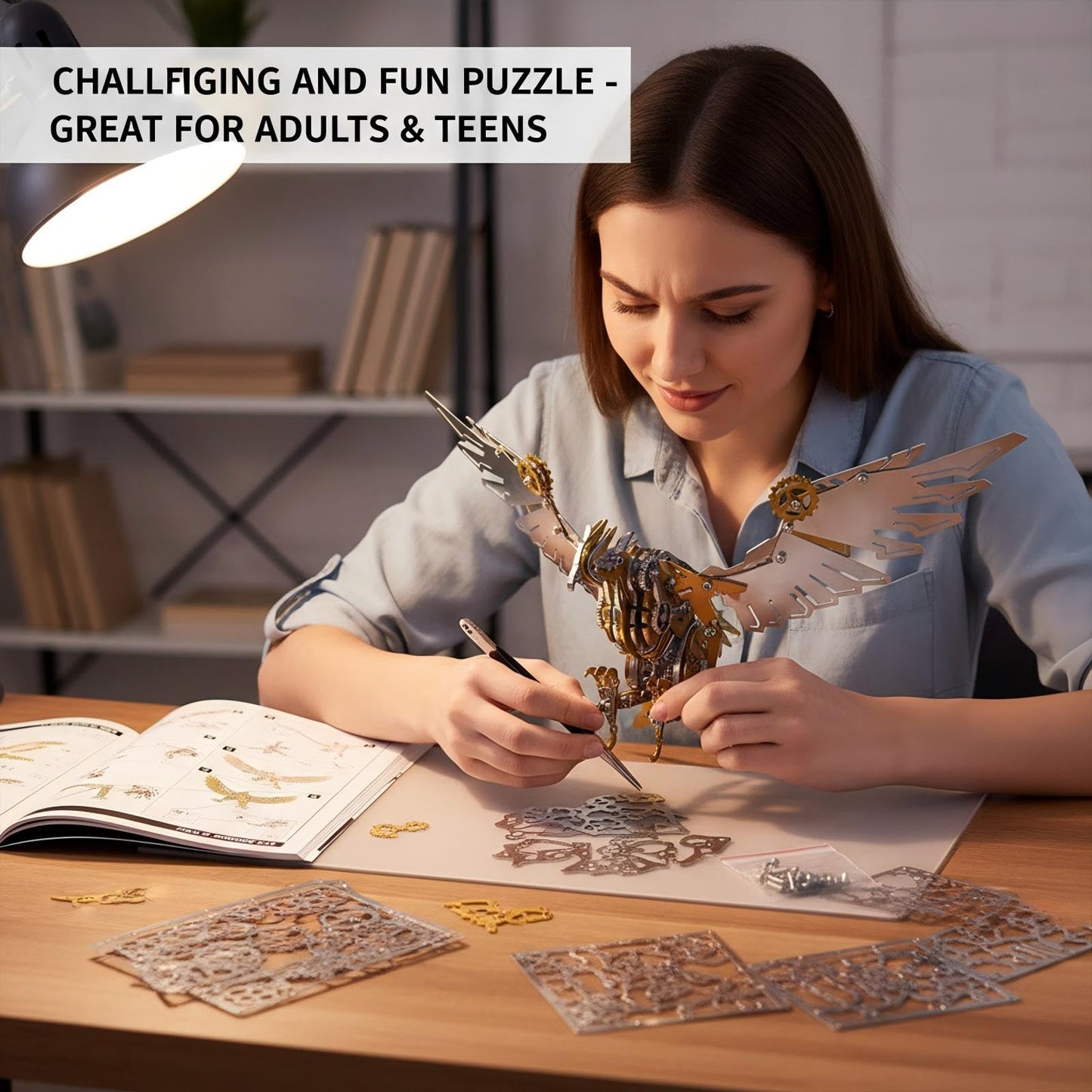 Eagle 3D Metal Puzzles for Adults, 279PCS Stainless Steel DIY Mechanical Metal Model Kits, No Glue Assembly with Movable Joints, Challenging Metal Building Kit Desk Decor Gift(Golden Silver Eagle)