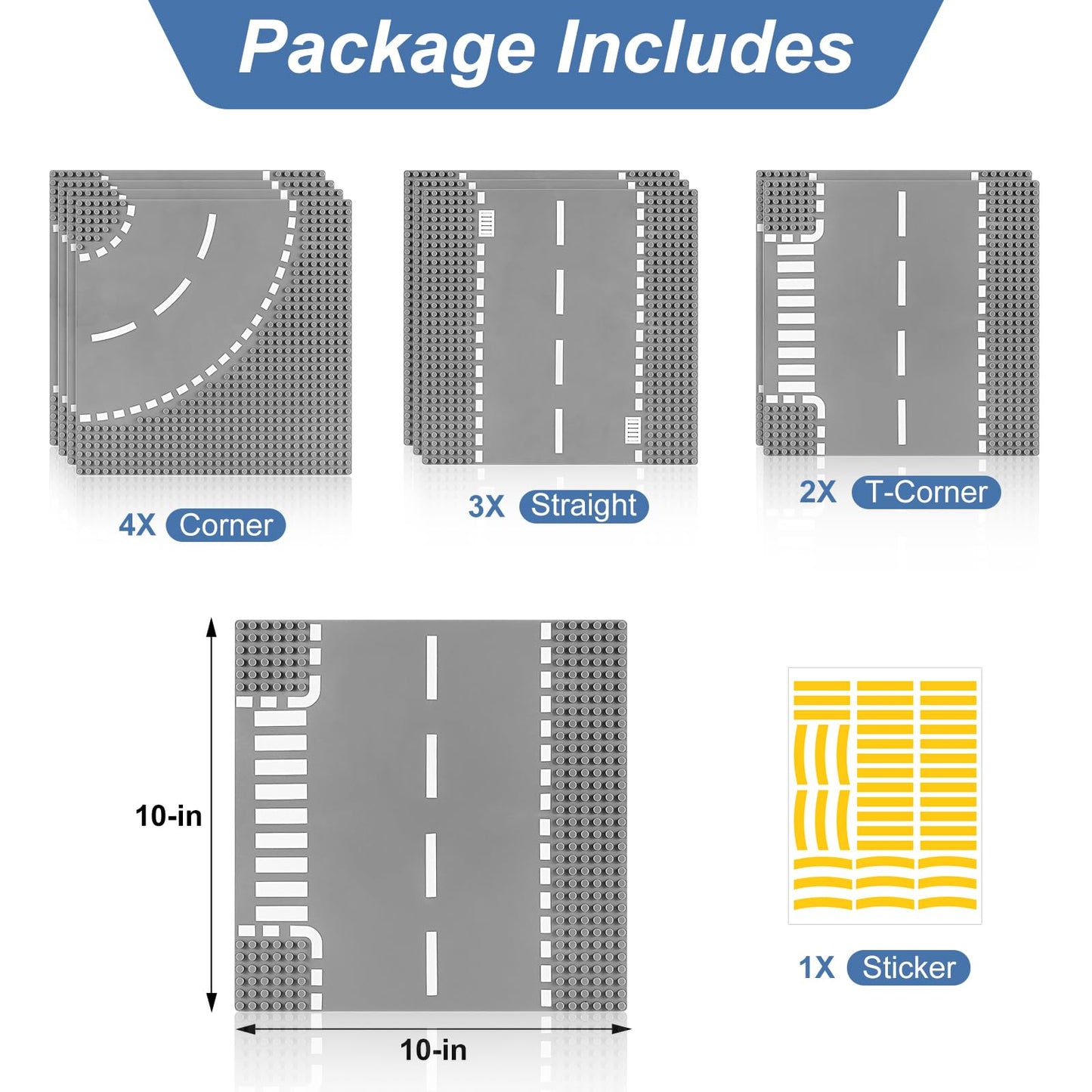 Pokiiulk 9 Pack Road Base Pates for Building, Compatible with Lego Classic Bricks, 10” x 10” Baseplates Fits for Lego Roads, Road Base Plates for City Sets (Attached DIY Stickers)