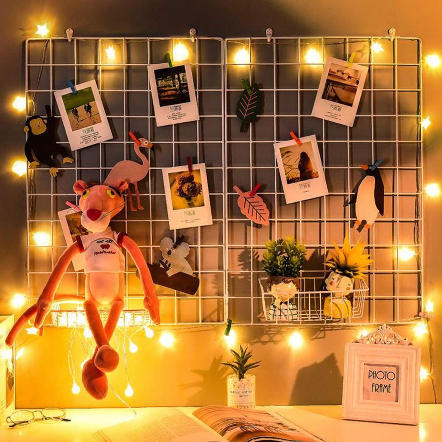 GBYAN 2 Pack Large Wall Grid Panels with Light and Clips, Photo Display Board, Picture Frame Collage Board, Wire Grid Wall Panel Room Decoration,White