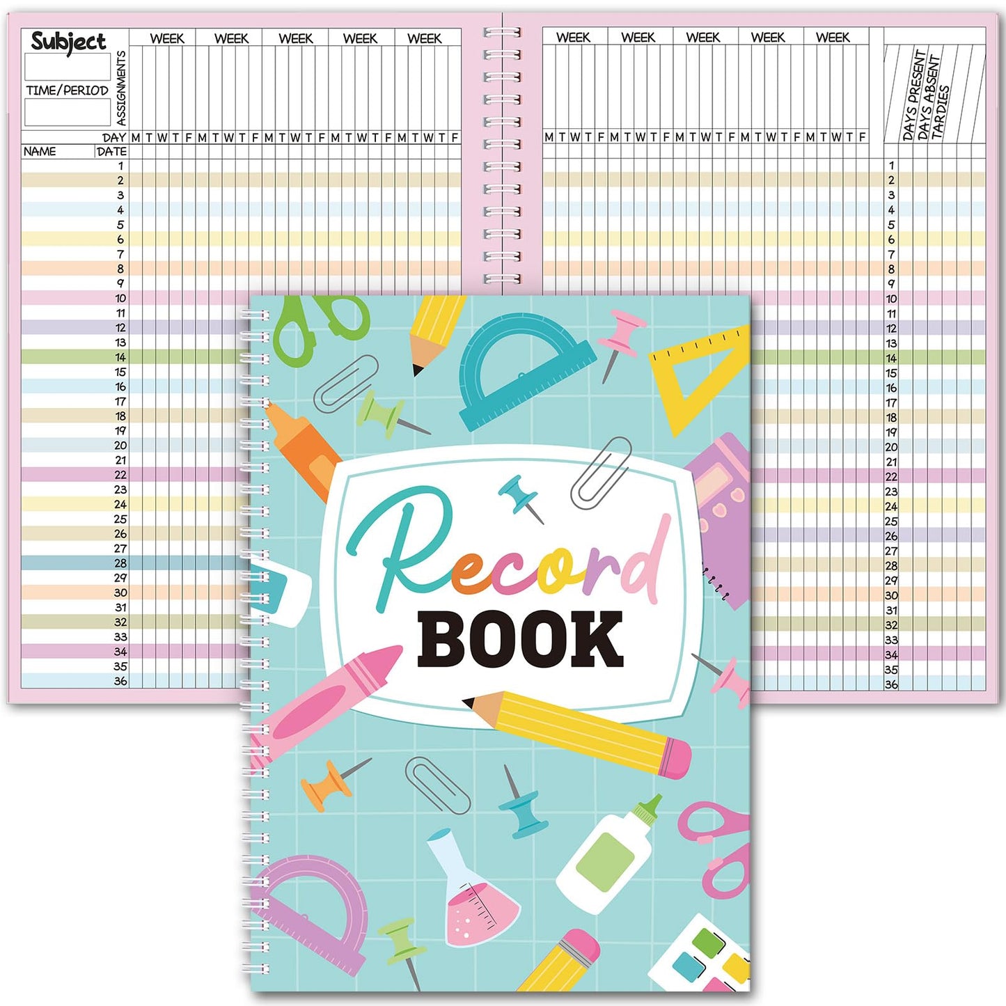 Fuyoooo Teacher Record Book Teacher Grade Books 2026-2027 Spiral Bound Record Planner 2026 Class Grade Book Office Favors for Classroom Attendance Decoration Double Sided(Green, Crayon)