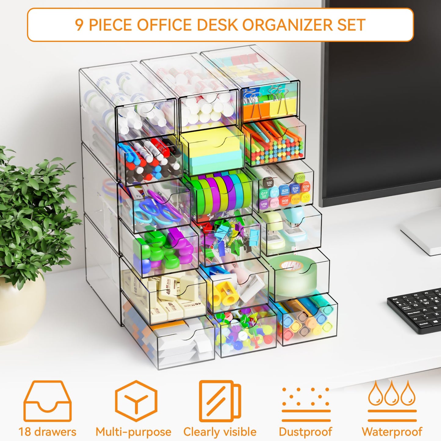 Yieach 9 Pack Small Acrylic Drawers With 18 Drawers,Clear Drawer Organizers Stackable,School,Office Supplies Organizer And Storage Bins for Stationery,Pen,Pencil,Craft,Glasses,Sunglass Organizer Case