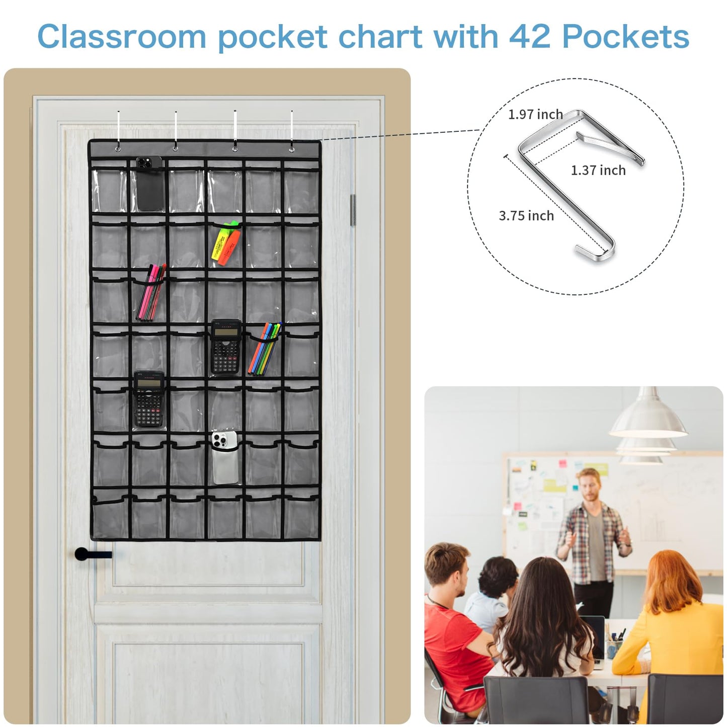 SAVERHO 42 Pocket Classroom Pocket Chart for Cell Phones and Calculator,Clear Cellphone Pocket Chart for Classroom with Number Sticker and hooks (Grey-42 Pockets)