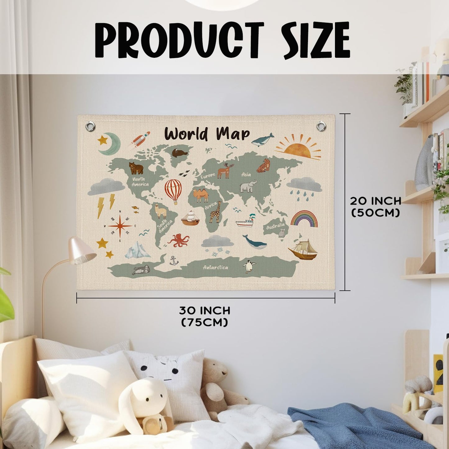 Wheatwin World Maps for Wall, Kids World Map Banner, Cute Animal World Map Educational Tapestry Wall Hanging Banner Flag Decor for Kids Room Classroom Playroom