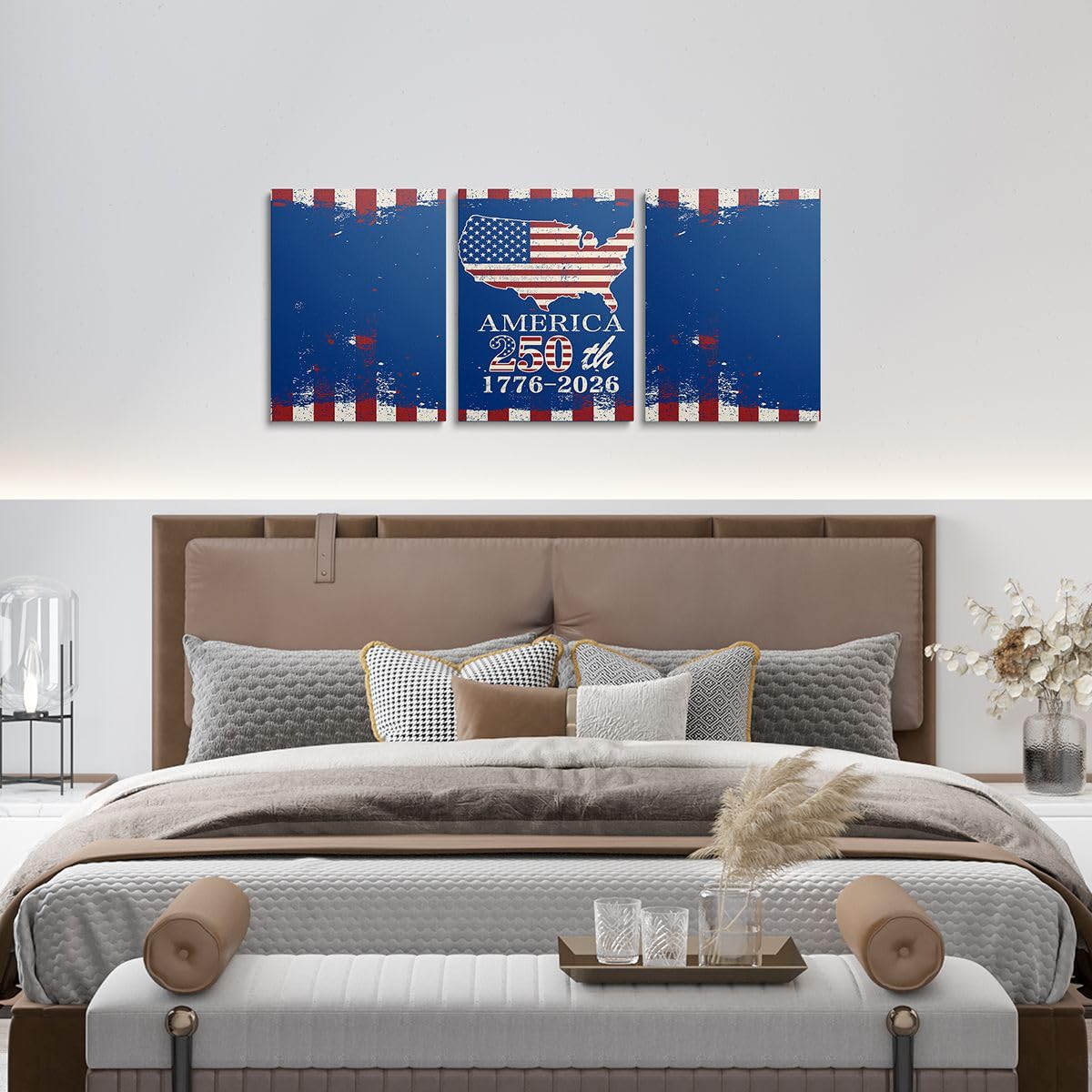 Feelyou Patriotic 250th Anniversary 3 Piece Canvas Wall Art for Living Room Bedroom 4th of July Wall Art for Home Decor America Map Office Decor Artwork Red and Blue Retro Style Picture Posters