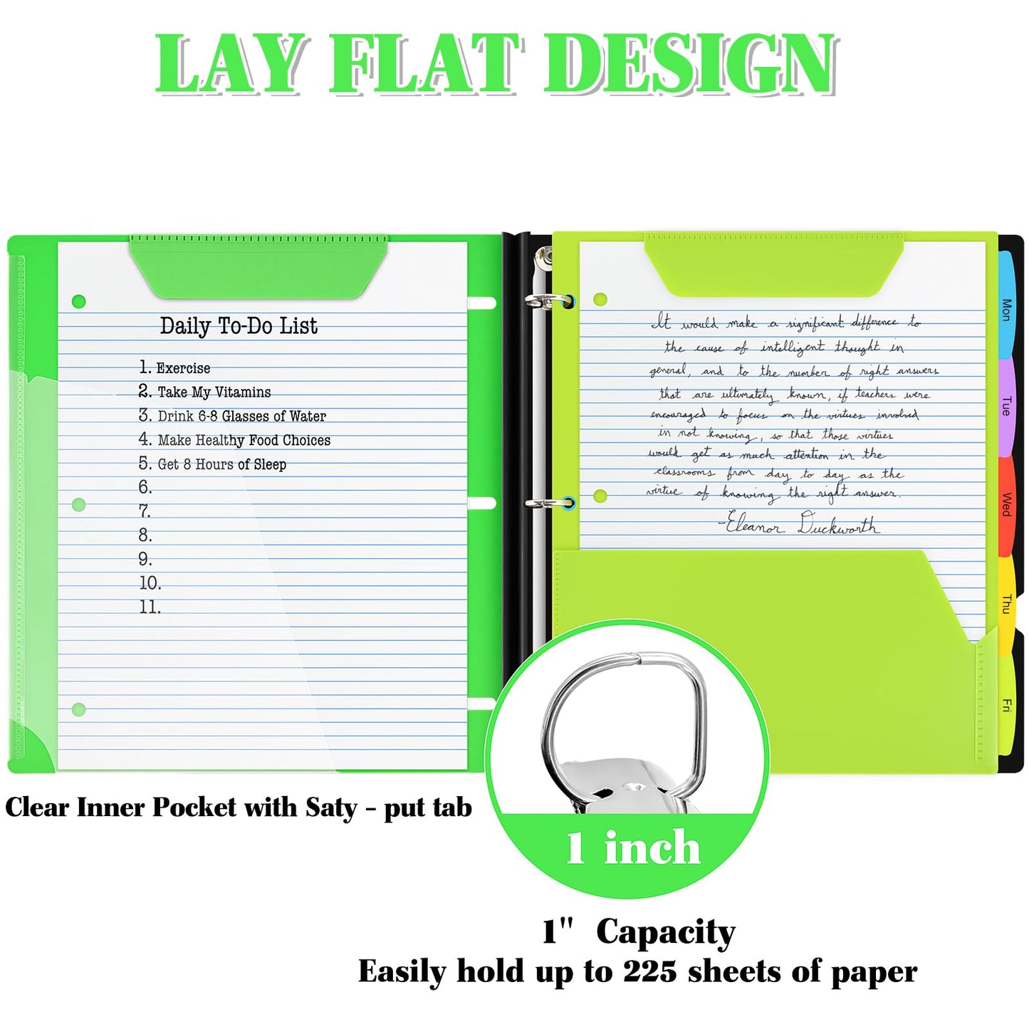 INFUN 1 Inch Telescoping 3 Ring Binder - 1PCS,Flexible Round Binder with Customizable Front Cover and Clear Catalog Pocket, 1 Inch Rings, 225 Sheet Capacity- Green