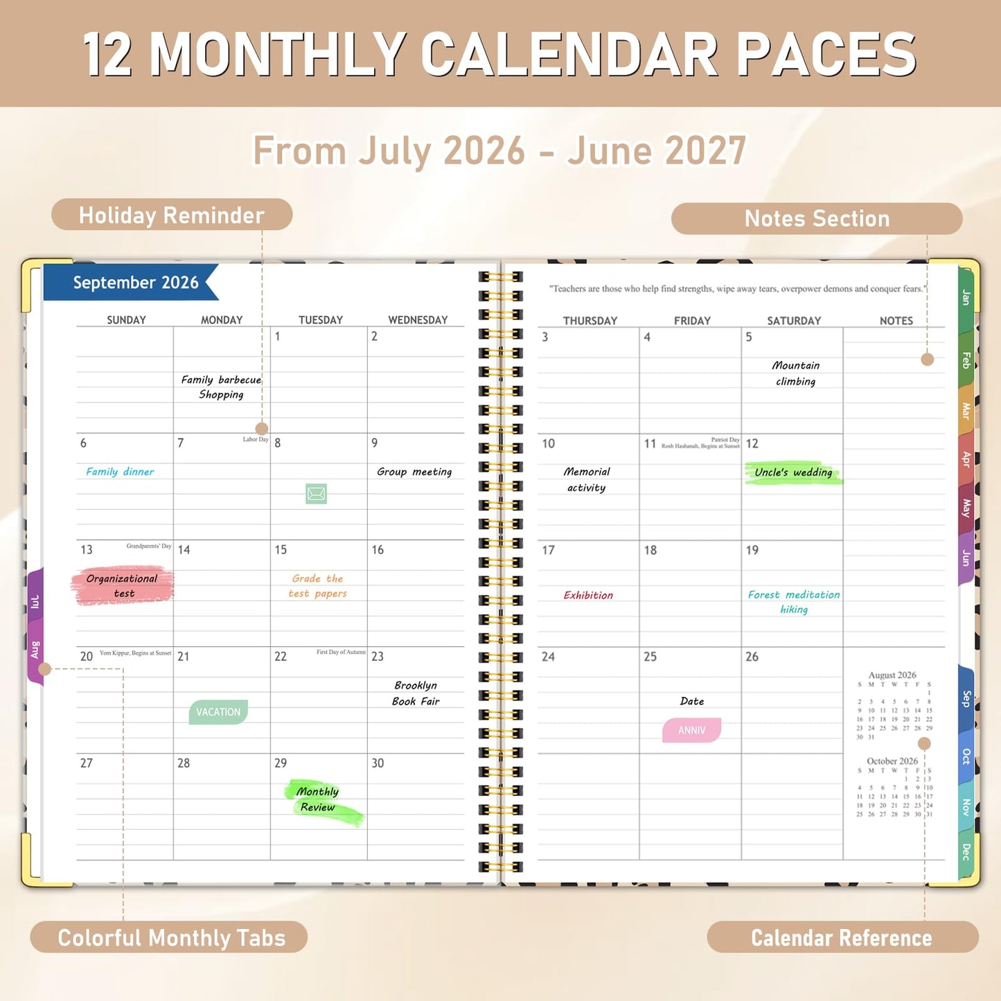 Teacher Planner 2026-2027, Jul 2026-Jun 2027 Academic Year, 8.5" x 11" Lesson Planner Book for Teacher Calendar, Spiral Bound Planners, Planning Stickers, Colorful Monthly Tabs, Leopard