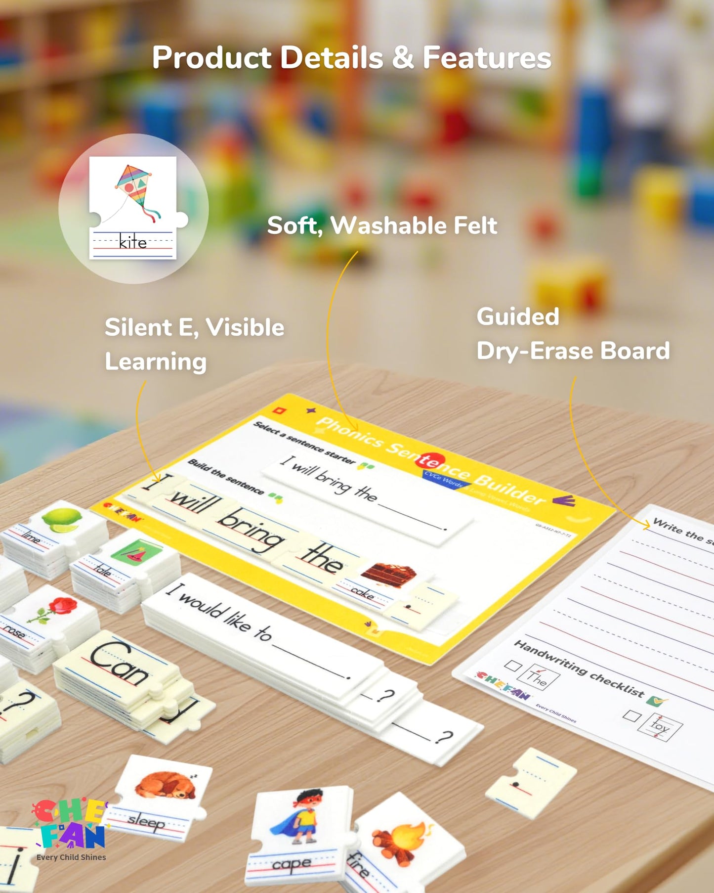 CHEFAN Sentence Building for Kids, CVCE & Long Vowel Word Games, Silent E Phonics Reading & Writing Activity, Kindergarten & Preschool Classroom Must Haves
