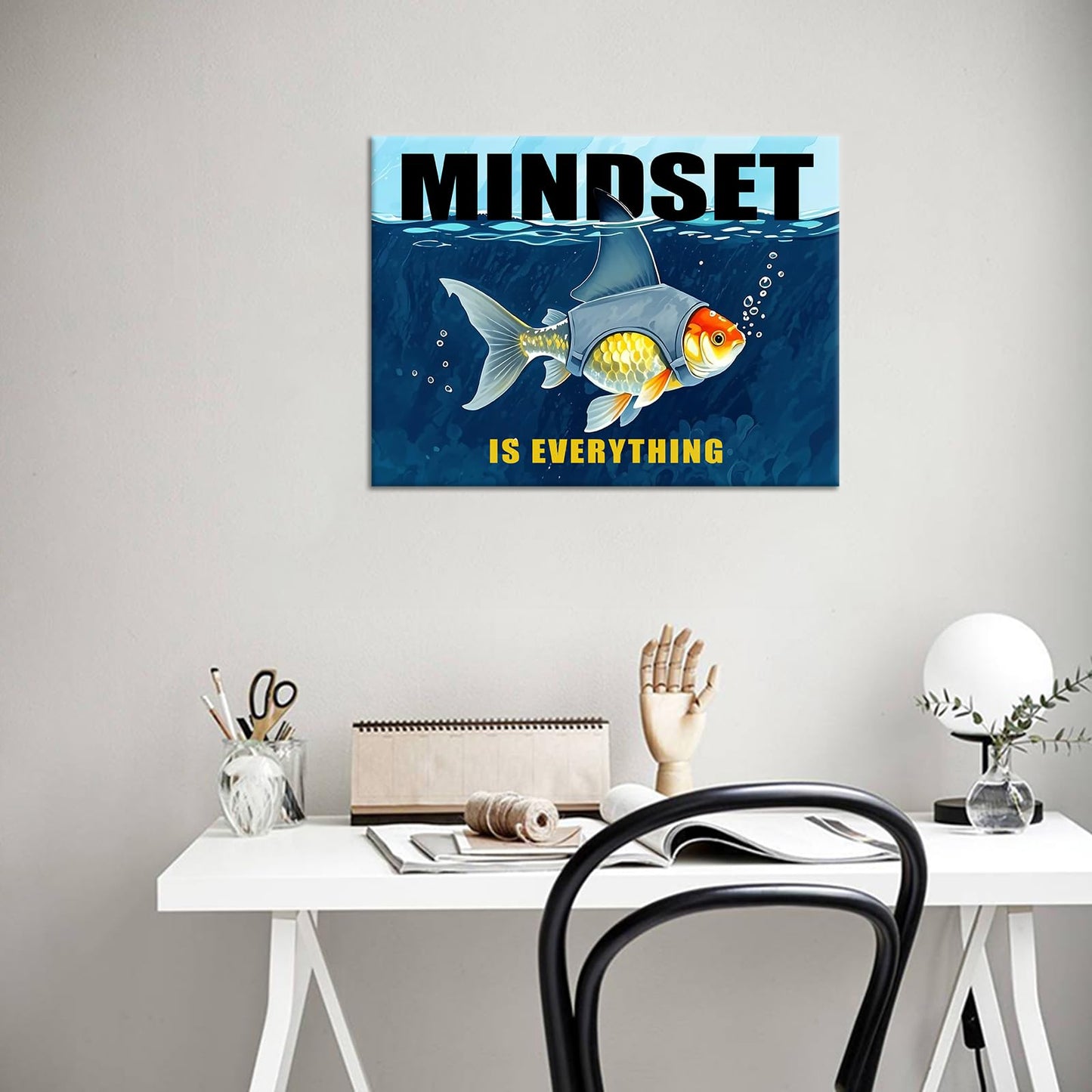 YSPCSUN Inspirational Wall Decor Mindset Is Everything Shark Fin Goldfish Canvas Prints Framed Motivational Posters For Gym Living Room Home Office Growth Mindset Art Professional Gifts 18x24 Inch
