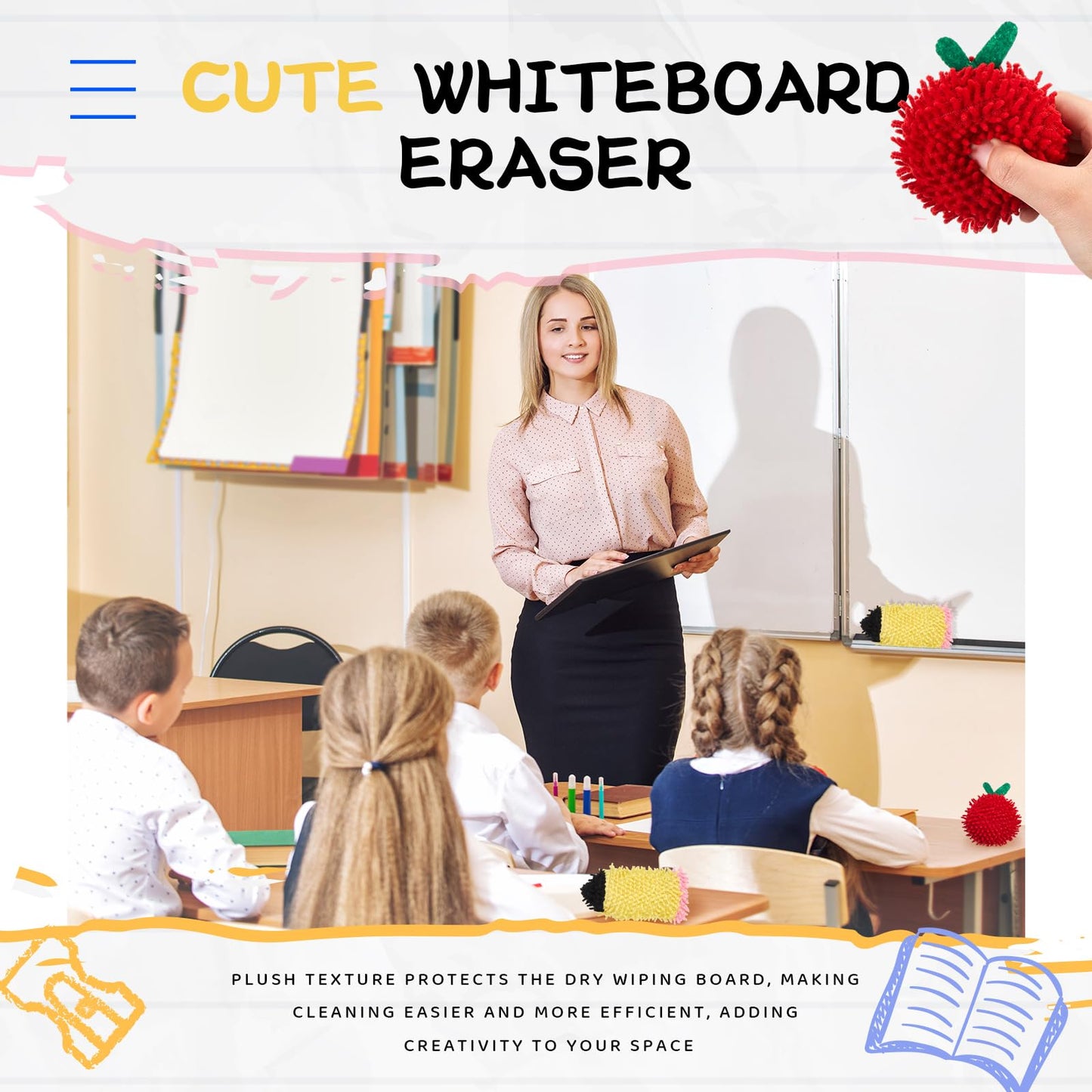 Wonderjune 6 Pcs Mini Dry Erase Eraser for Kids Lap Boards, Cute Pencil Apple Shaped Microfiber Shag Board Erasers Bulk, Funny Teacher Classroom Rewards Student Desk Decor, School Supplies Gifts
