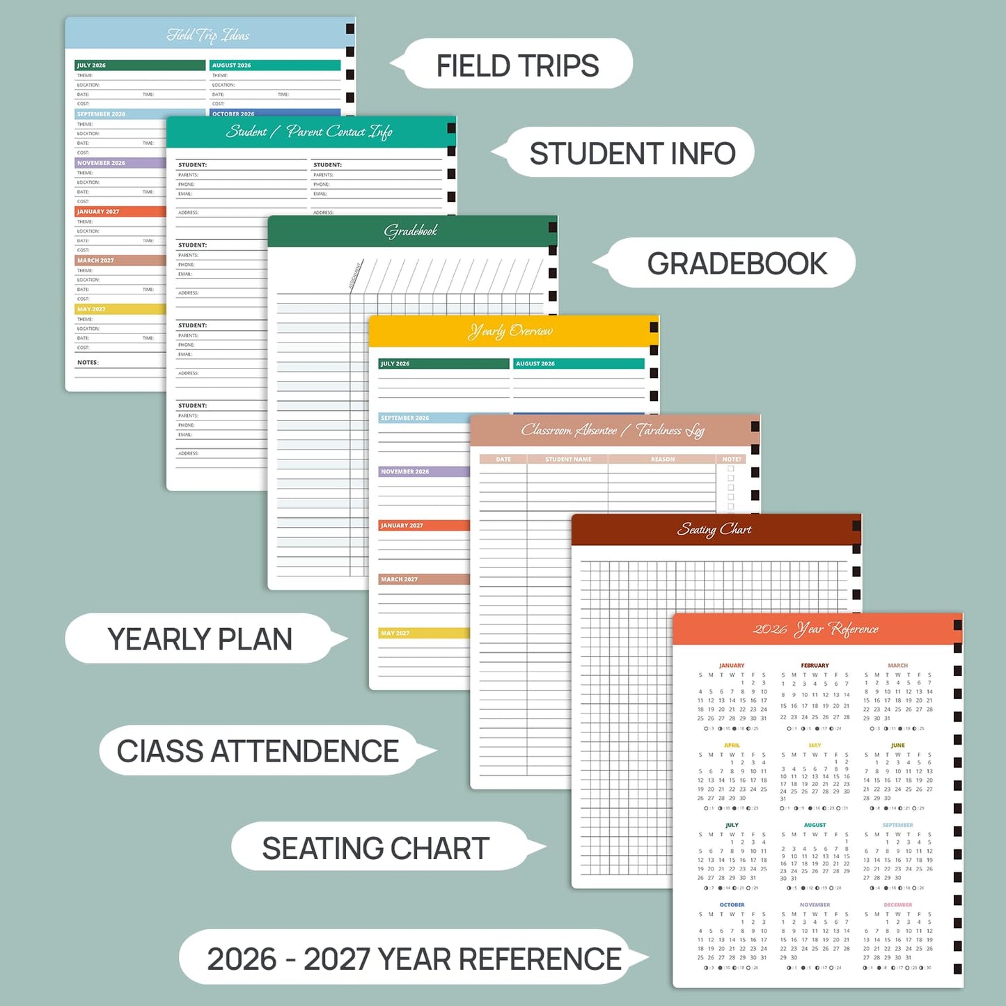 POPRUN Teacher Lesson Planner 2026-2027, (Letter Size - 8.5'' x 11'') Academic Planner July 2026 - June 2027 with Gradebook & Color Monthly Tabs, Thick Paper, 2-Sided Pocket, Leather Cover, Lilac