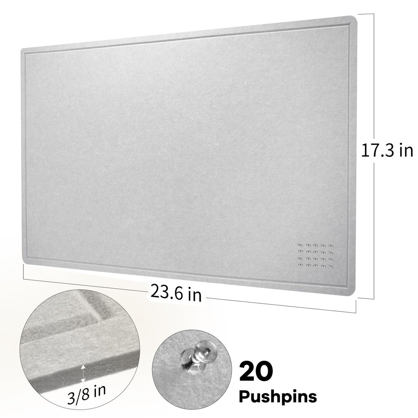 Lightomorrow Bulletin Board, 24 x 18 inches Felt Board Decorative Pin Board, Cork Board Alternative for Wall, Foldable Photo Board Self-Adhesive Vision Board Mood Board with 20 Pushpins - Light Gray
