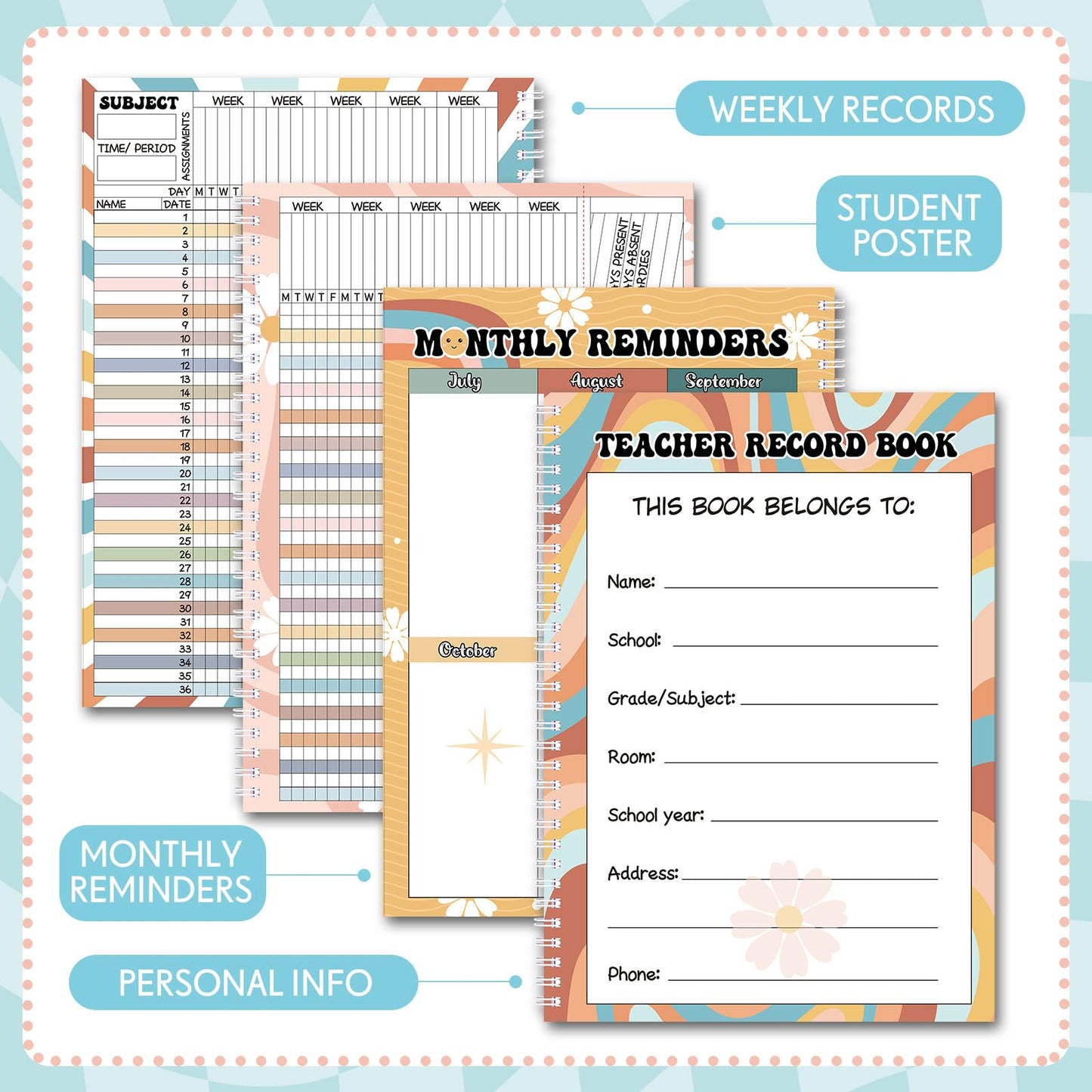 Fuyoooo Teacher Record Book Teacher Grade Books 2026-2027 Spiral Bound Record Planner 2026 Class Grade Book Office Favors for Classroom Attendance Decoration Double Sided(Retro Groovy)