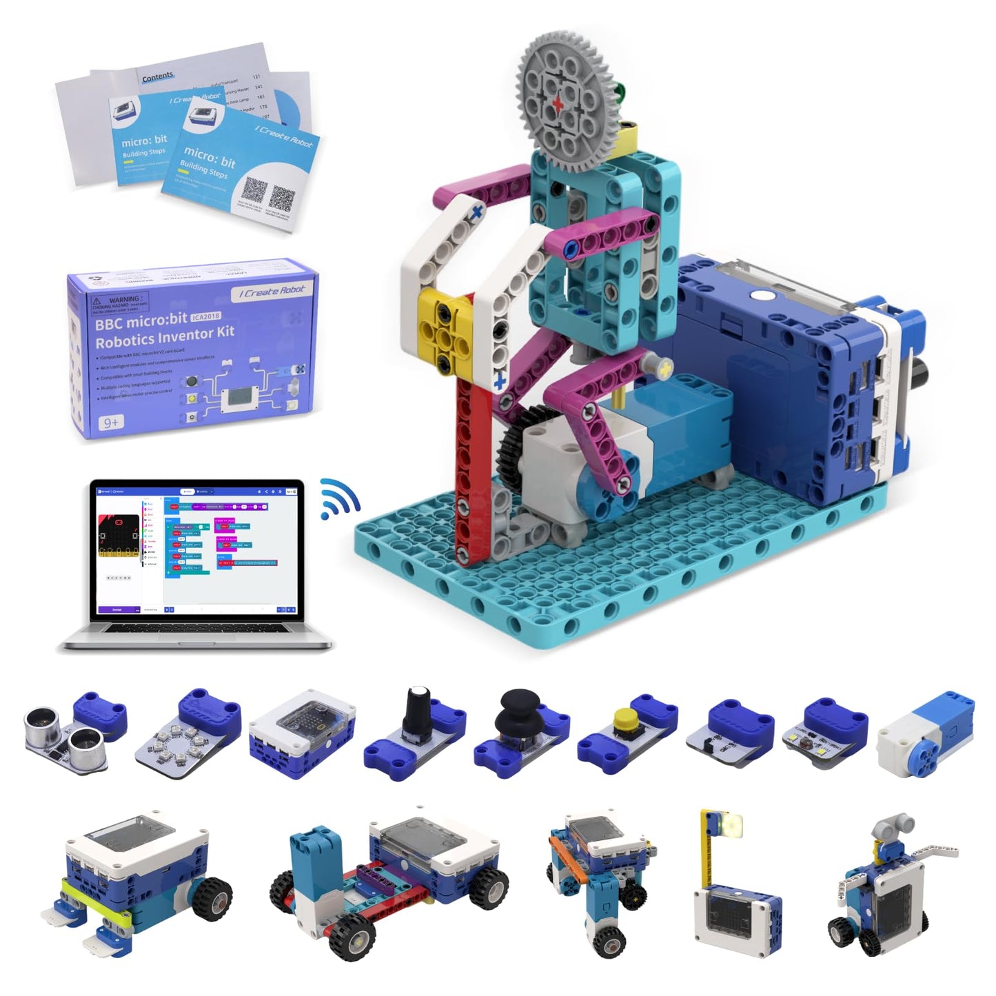 ICreateRobot Coding Robot Kit, 10-in-1 BBC Micro:bit Robotics Invertor Kit, Educational Stem Robot Building Kit with APP Control Learn to MakeCode, MicroPython, and Scratch for Age 9+ Girls Boys