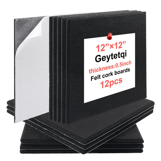 Geytetqi 12 Pack 12" x 12" Felt Boards, Black Square Felt Wall Tiles, Self-Adhesive Cork Bulletin Board for Home, Office, and Kitchen Decor(1/2 Inch Thickness)