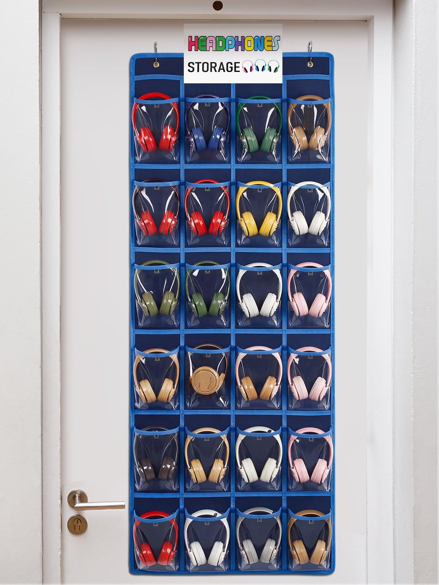 Maasechs Classroom Headphone Storage Organizer 24 PVC Clear Over The Door Hanging Classroom Headphone Holder Pocket with 4 Hooks for School Library(Blue)