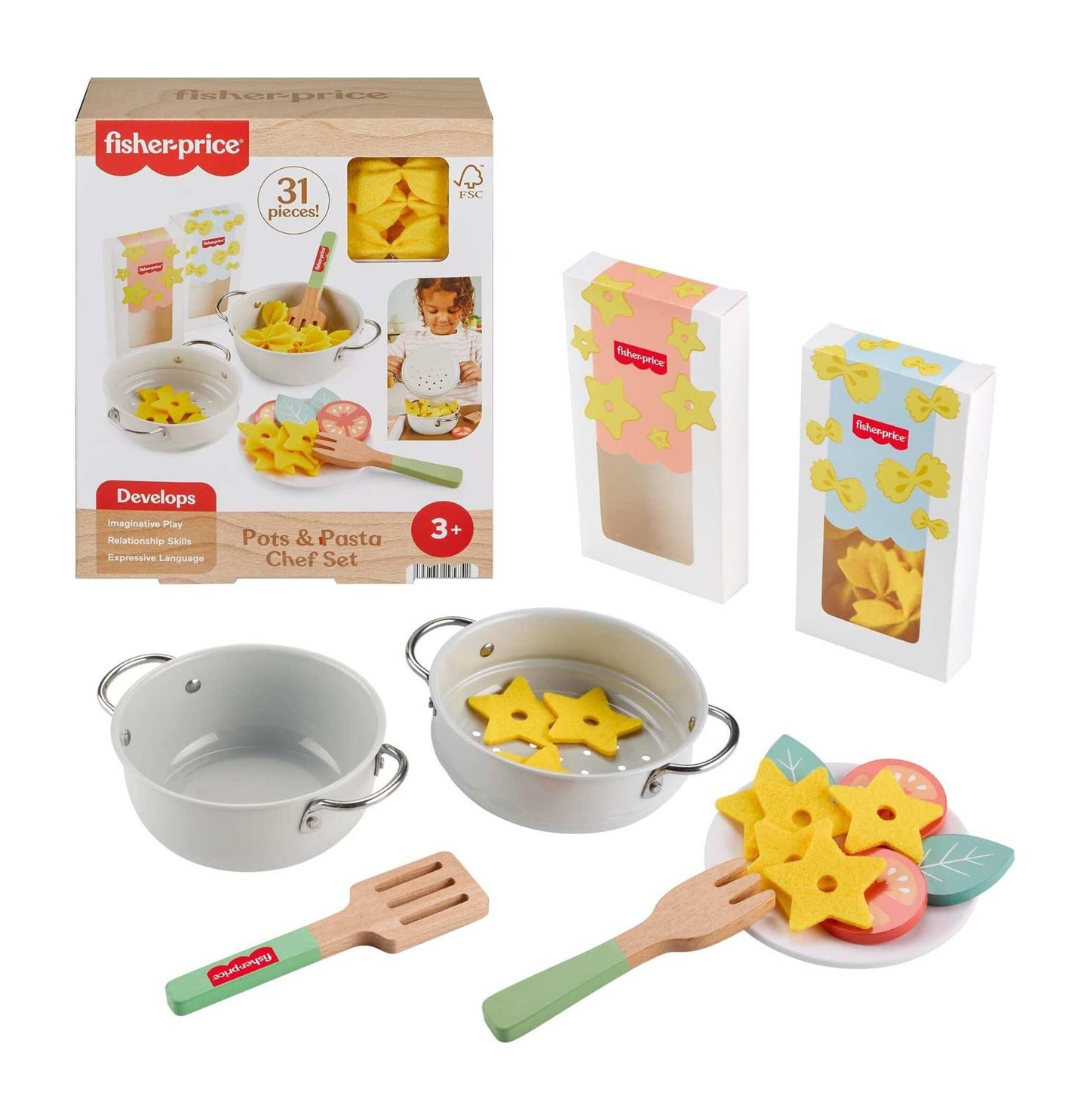 Fisher-Price Wood Pretend Cooking Set, Pots & Pasta Chef, 31 Pieces Play Food & Wooden Utensils for Preschool Kids Ages 3+ Years
